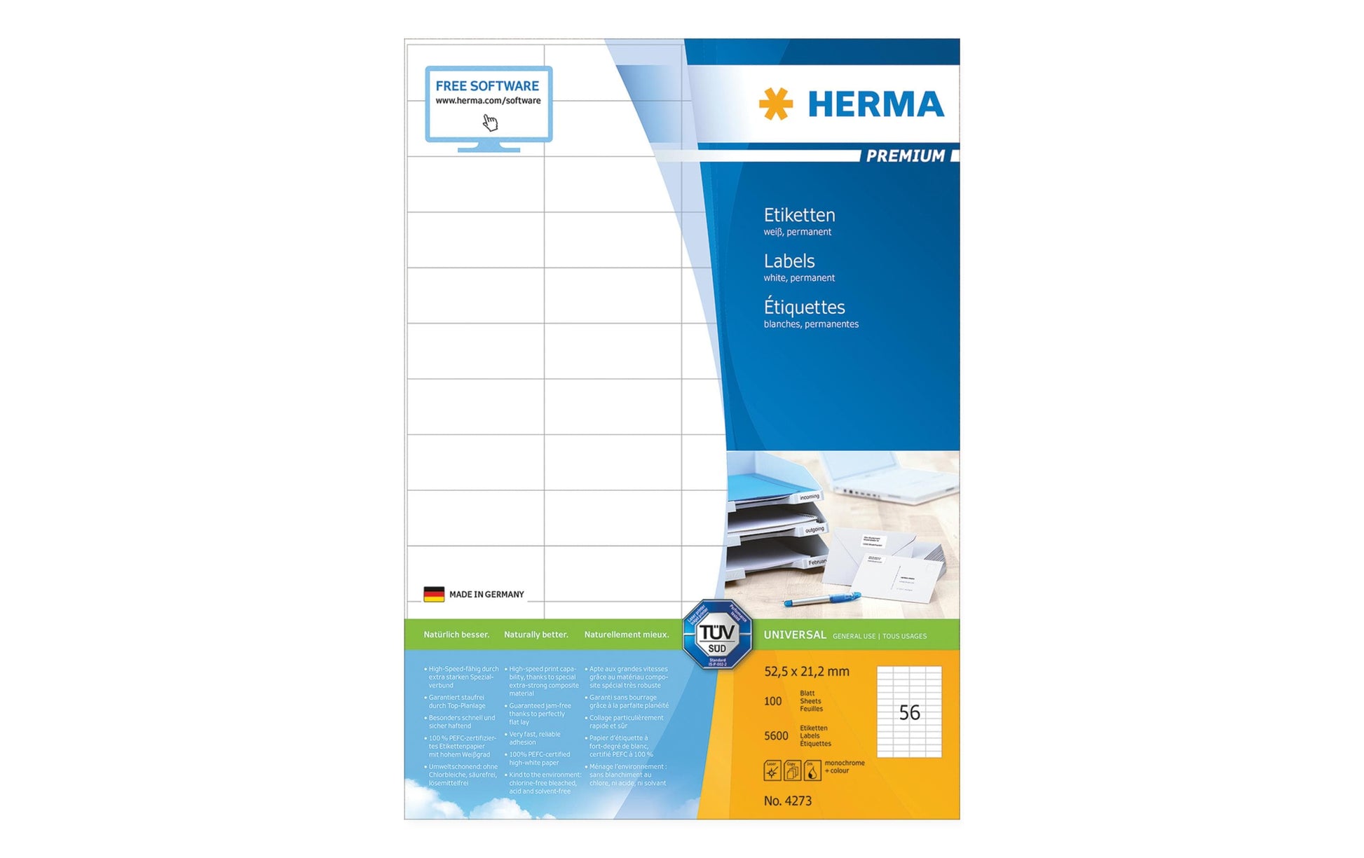 HERMA Etiketten A4 52,5 × 21,2 mm – Papier, matt – permanent haftend – Laser/Inkjet – 100 Blätter (5'600 Stk)