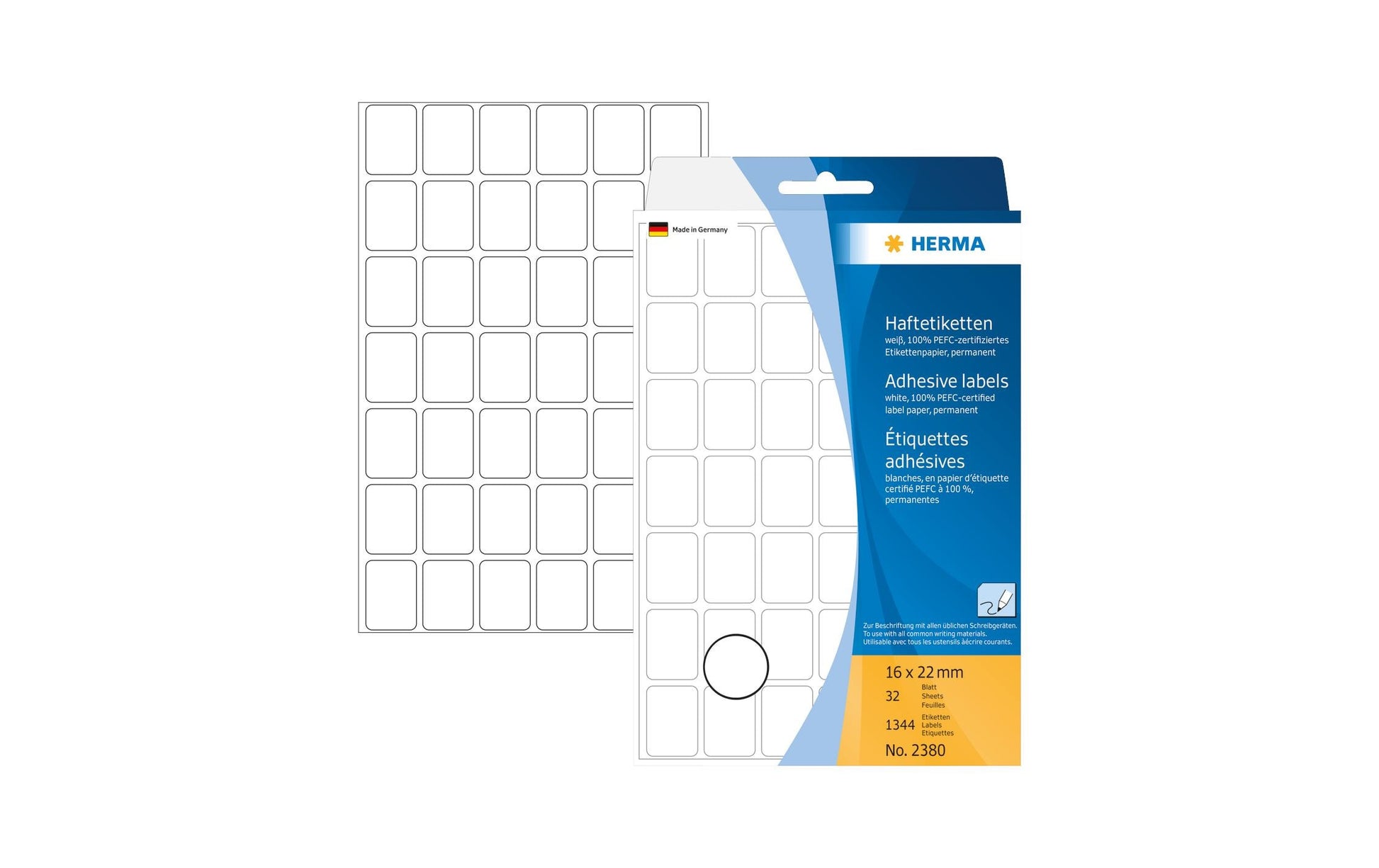 HERMA Haftetiketten – rechteckig 16 × 22 mm, stark haftend, weiss, 111 × 170 mm, 32 Blatt (1'344 Stk.)