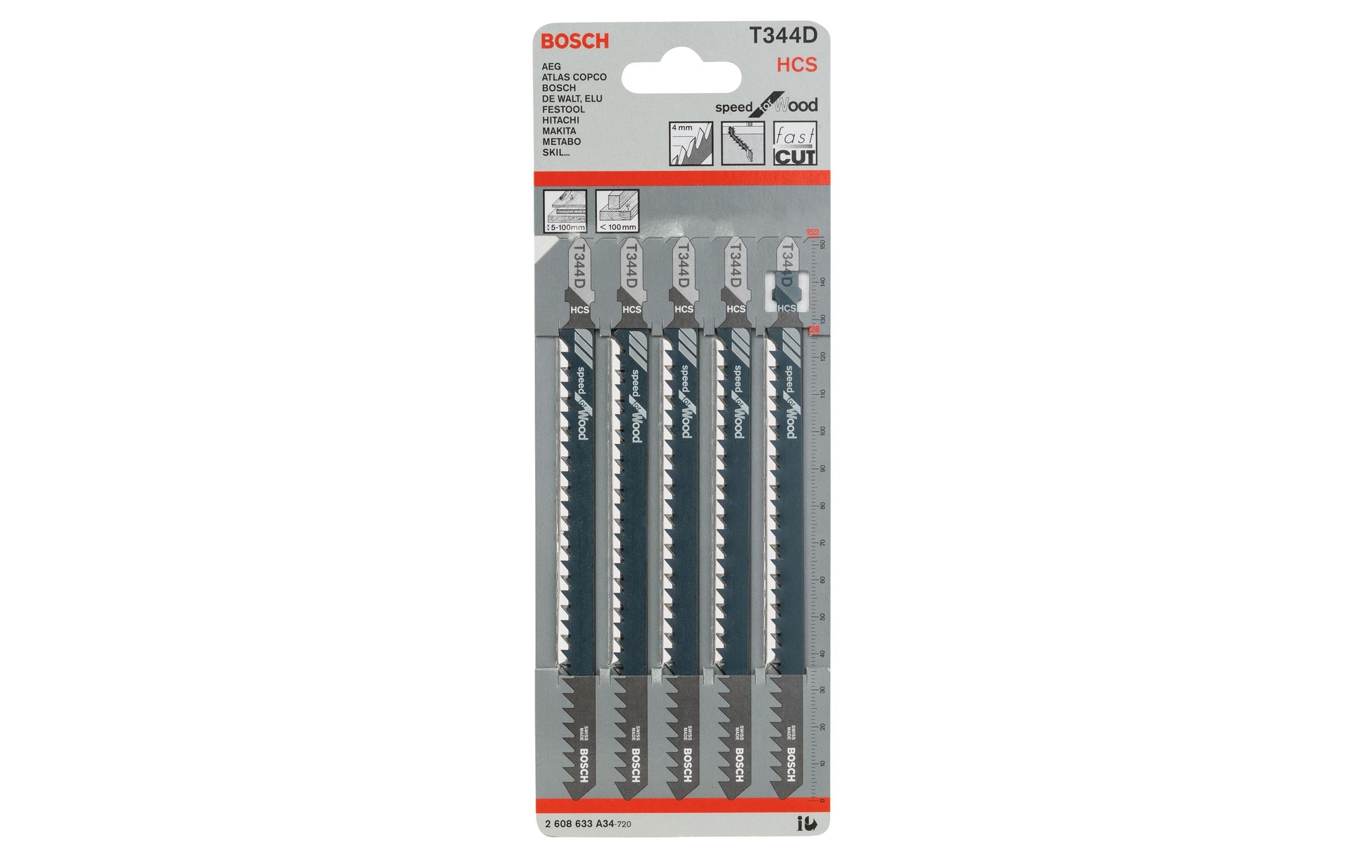 Bosch Professionelles Stichsägeblatt 152 mm HCS – Zahnteilung 4 mm – für Holz – 5 Stk