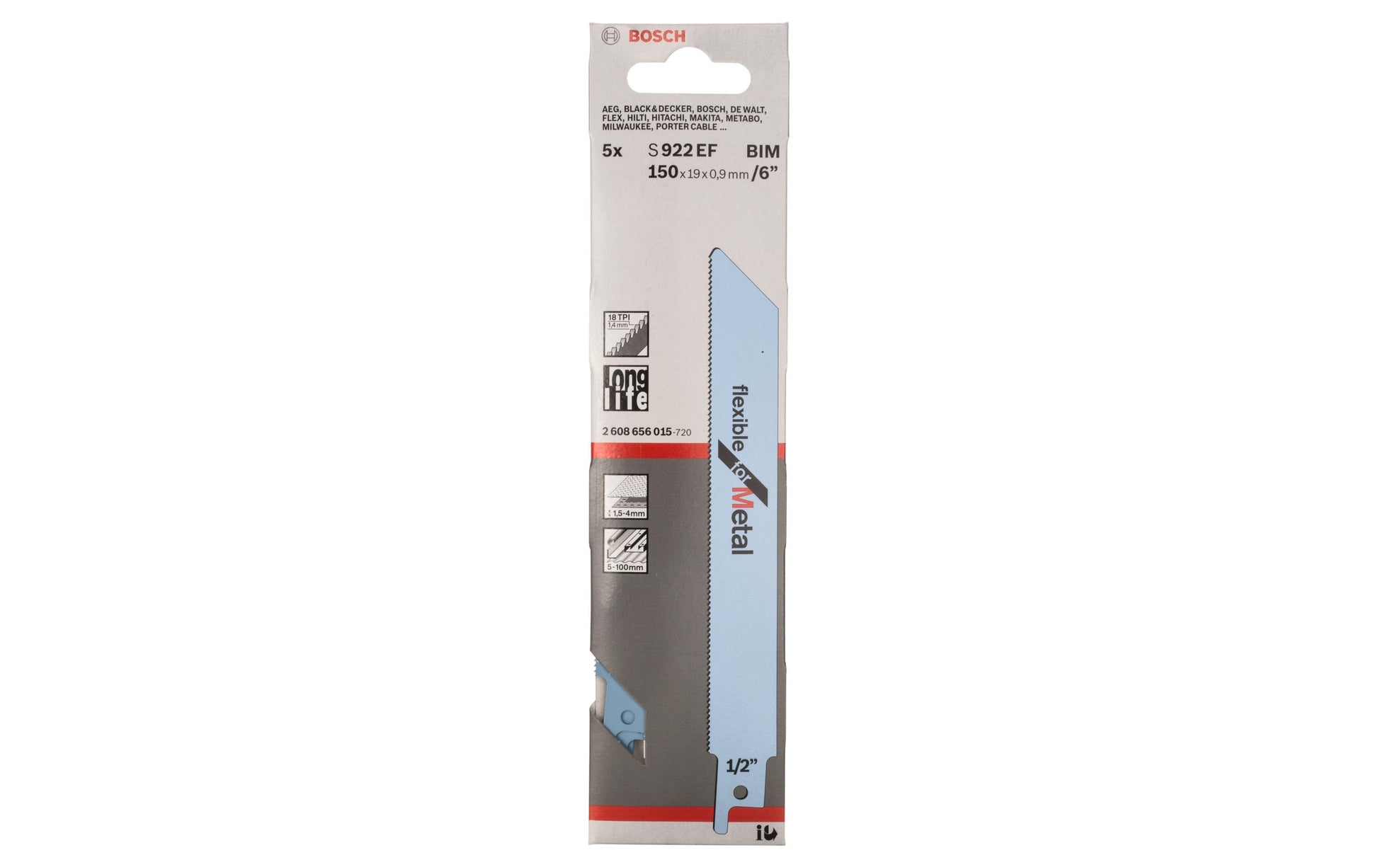 Bosch Professional S 922 EF Säbelsägeblatt 150 mm, 0,9 mm Schnittstärke Bimetallisch – für Metall – 5 Stk – 18