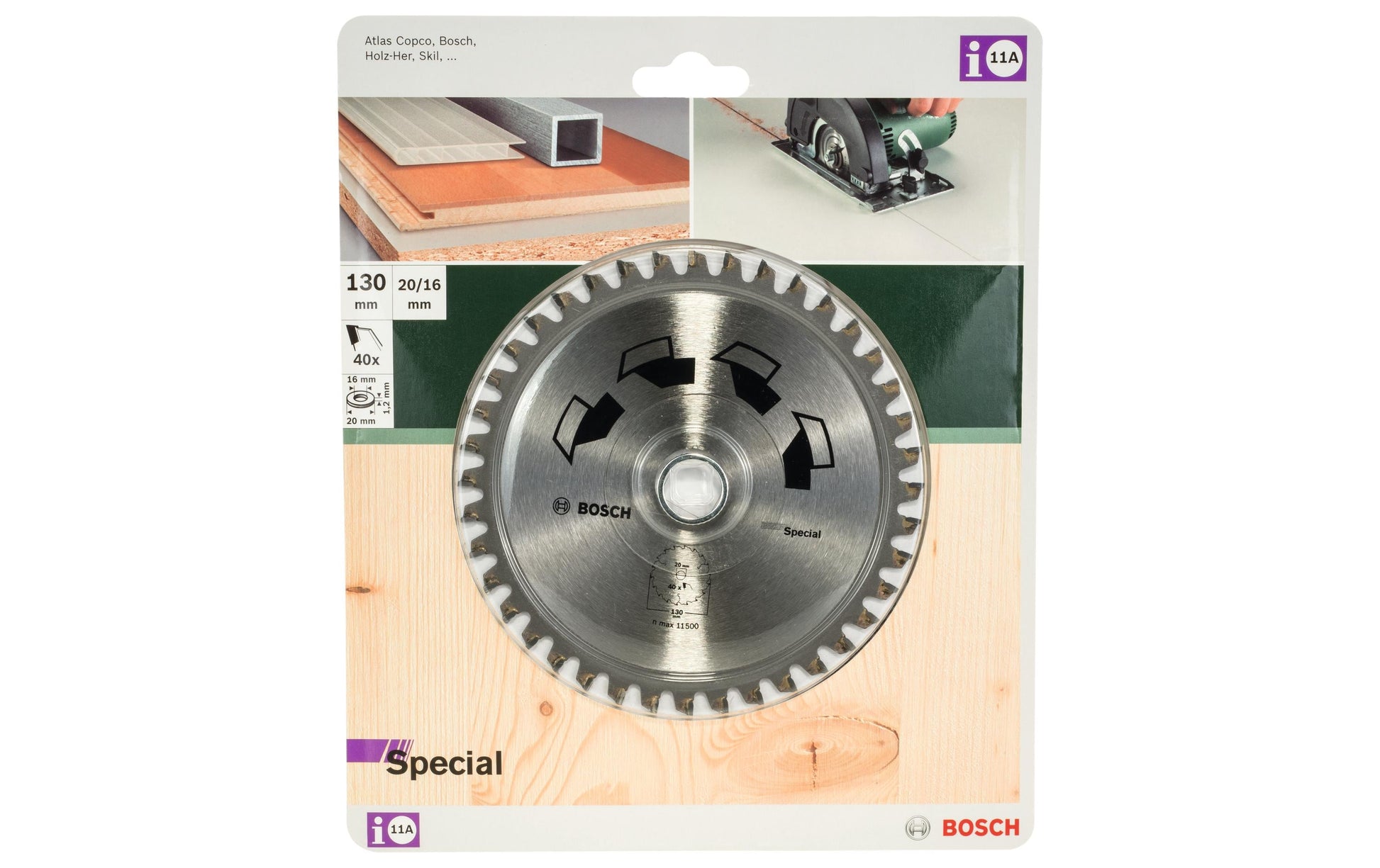 Bosch SPECIAL Kreissägeblatt 130 × 20 × 2,2 mm, 40 Zähne – für Spanholzplatte, Kunststoff, Weichholz u. a. – 1 Stück