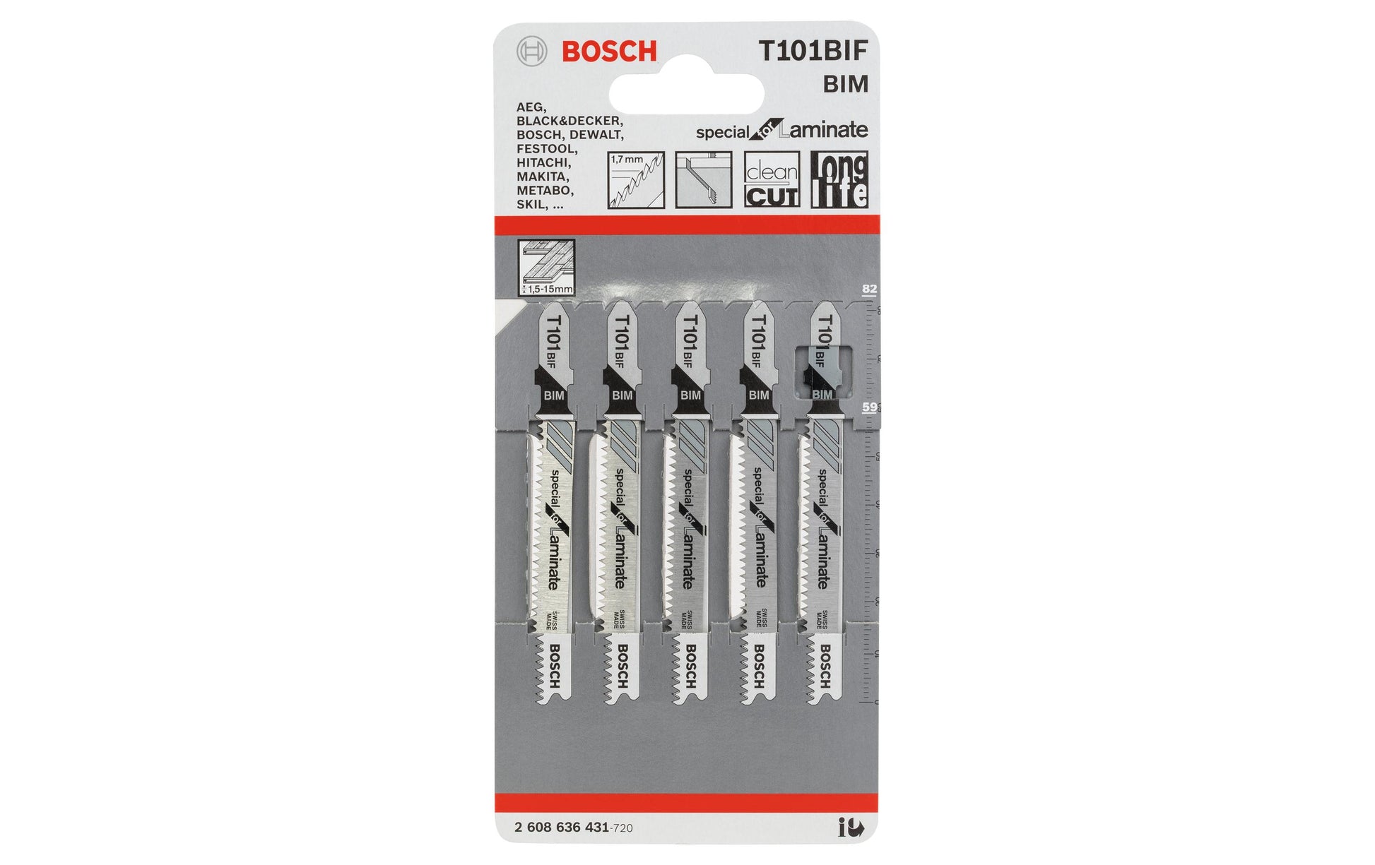 Bosch Professionelles Stichsägeblatt 83 × 1,7 mm – für Laminat, laminiertes Paneel, Parkett u. a. – 5 Stk
