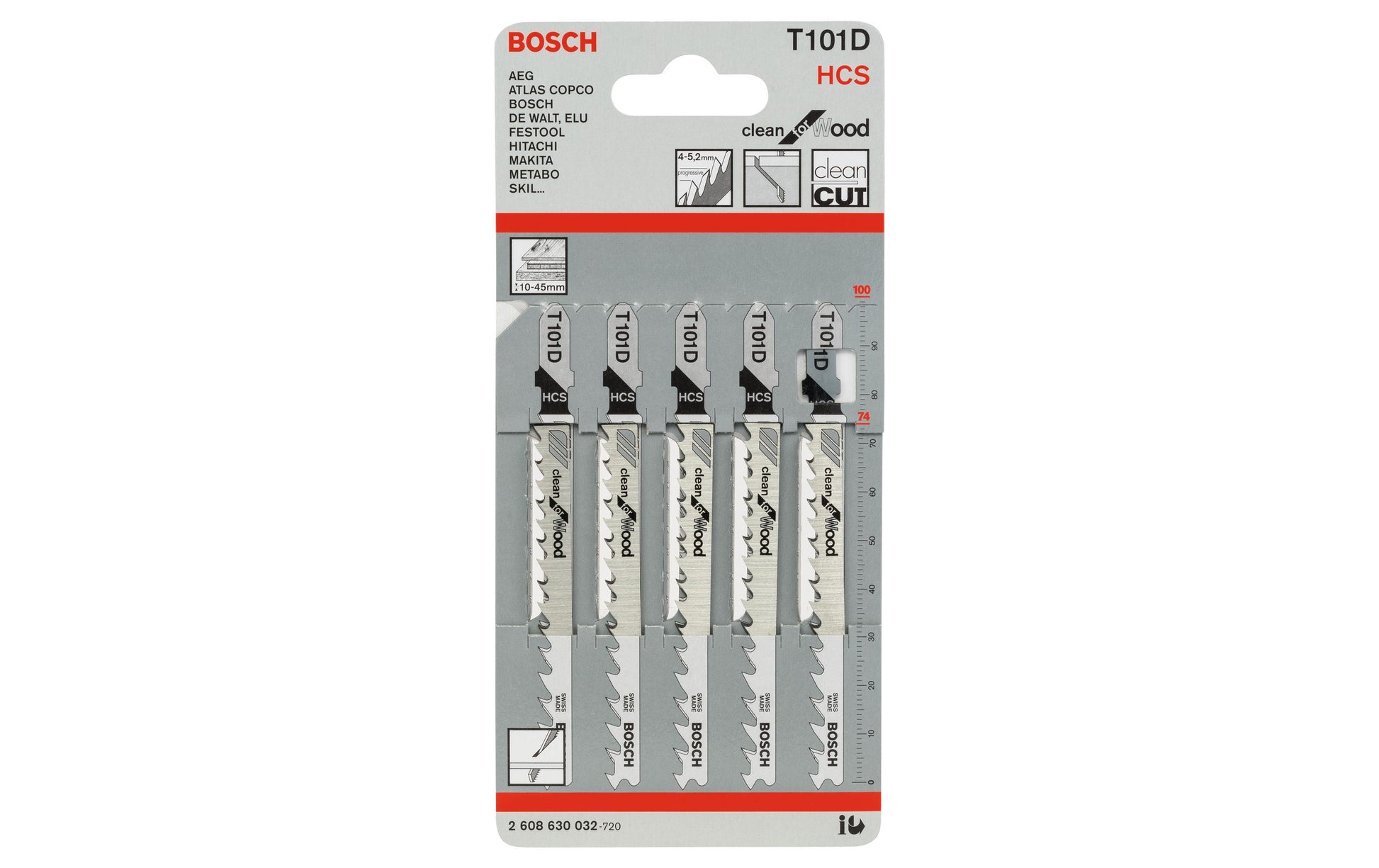 Bosch Professionelles T101D Stichsägeblatt 100 mm HCS – für Holz – 5 Stk – variabler Klingenzahnabstand 4–5,2 mm