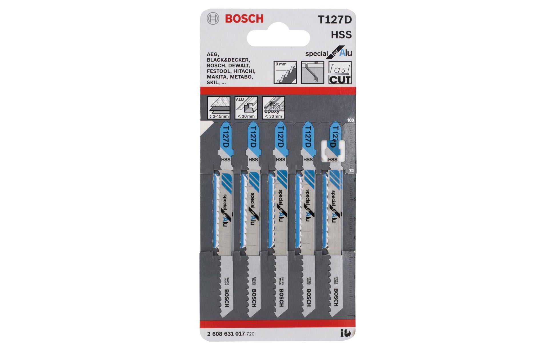 Bosch Professionelles T 127 D Stichsägeblatt 3 mm × 100 mm HSS – für Metall – 5 Stk