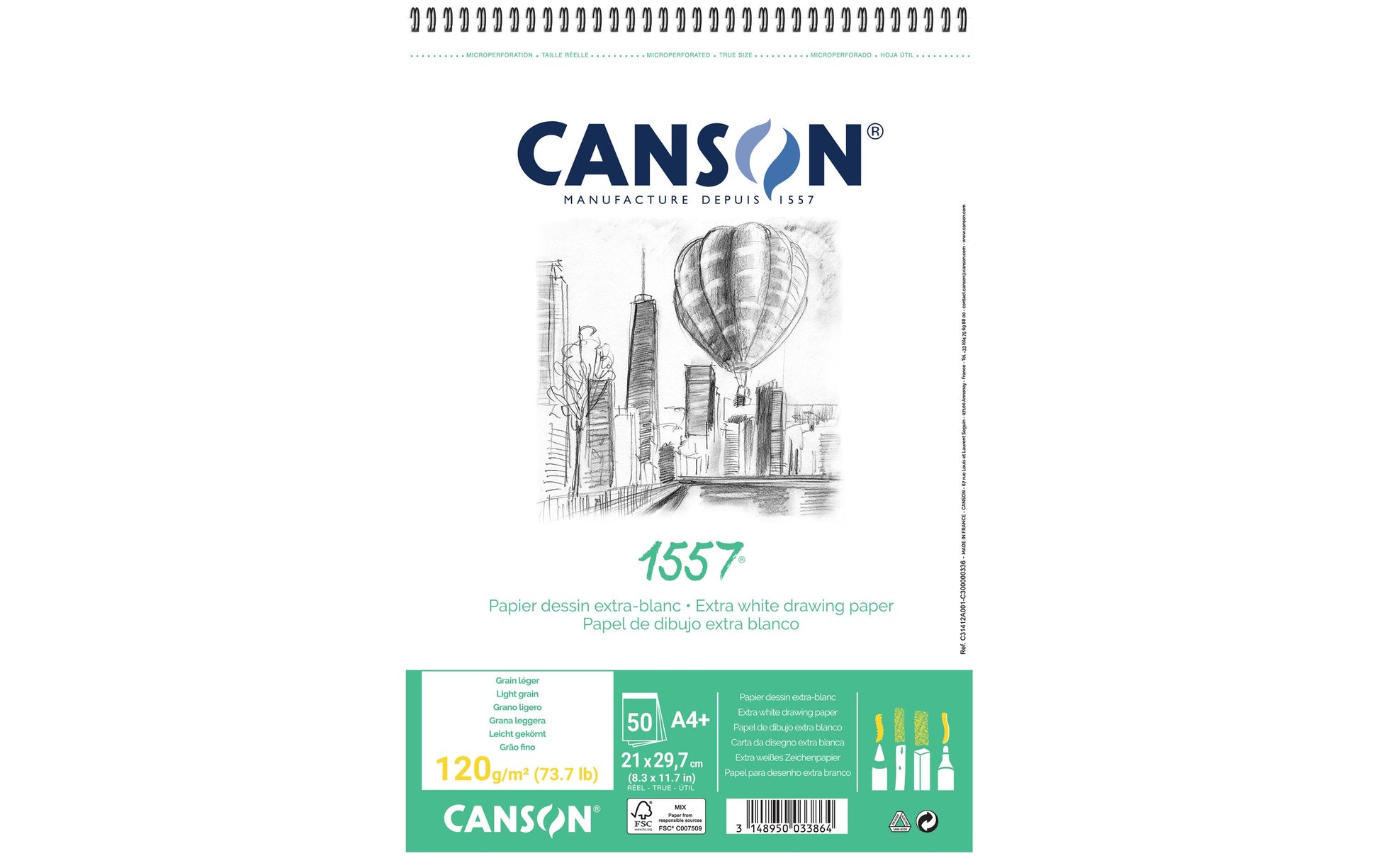 Canson 1557 Skizzenblock – A4, 120 g/m², weiss, perforiert, 50 Blatt, für Trockentechniken – FSC
