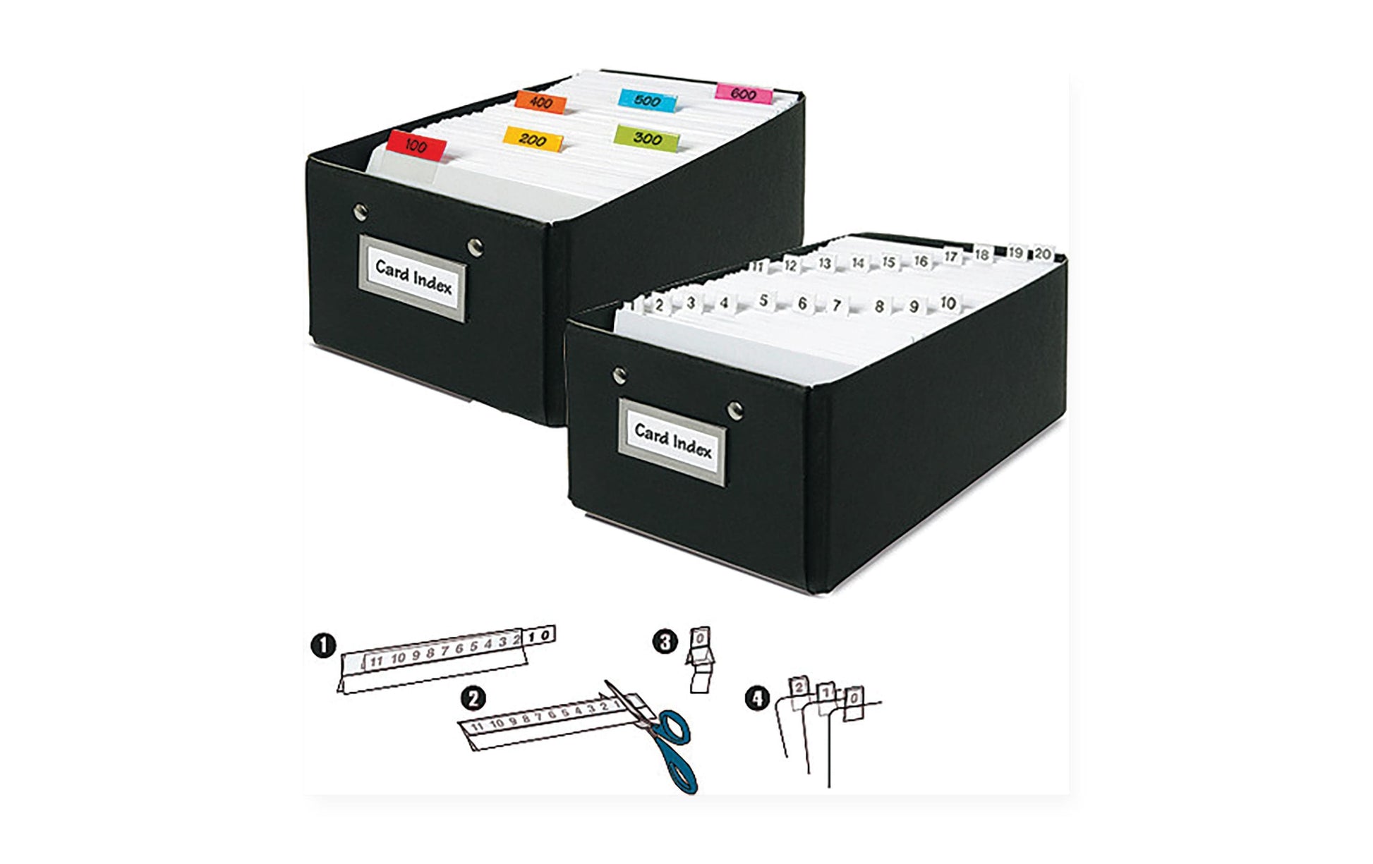 3L Register-Tabs 150 × 10 mm – bedruckt (Ziffern, Monate, Buchstaben), 5 Tabs, PET, weiss, selbstklebend