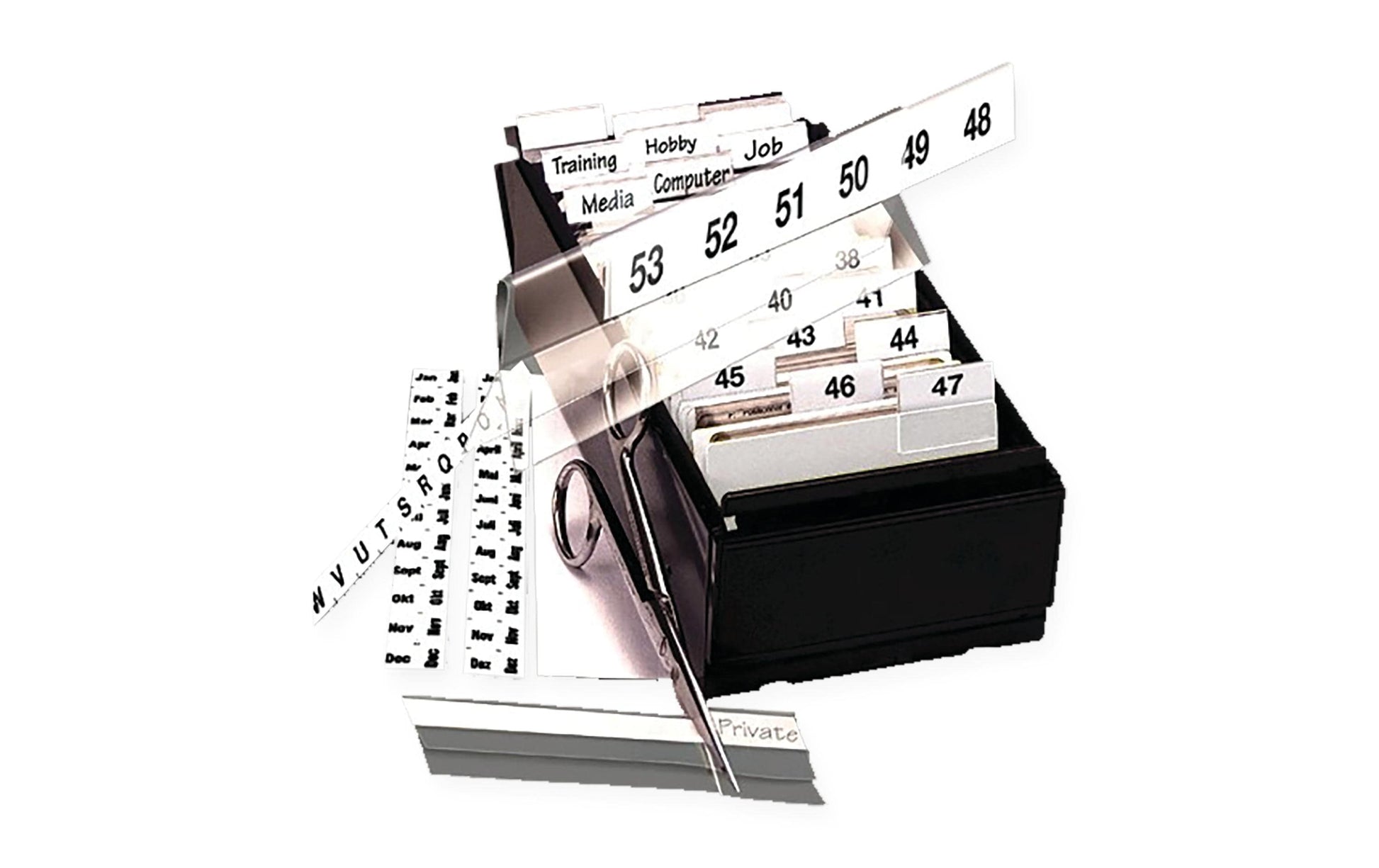 3L Register-Tabs 150 × 10 mm – bedruckt (Ziffern, Monate, Buchstaben), 5 Tabs, PET, weiss, selbstklebend