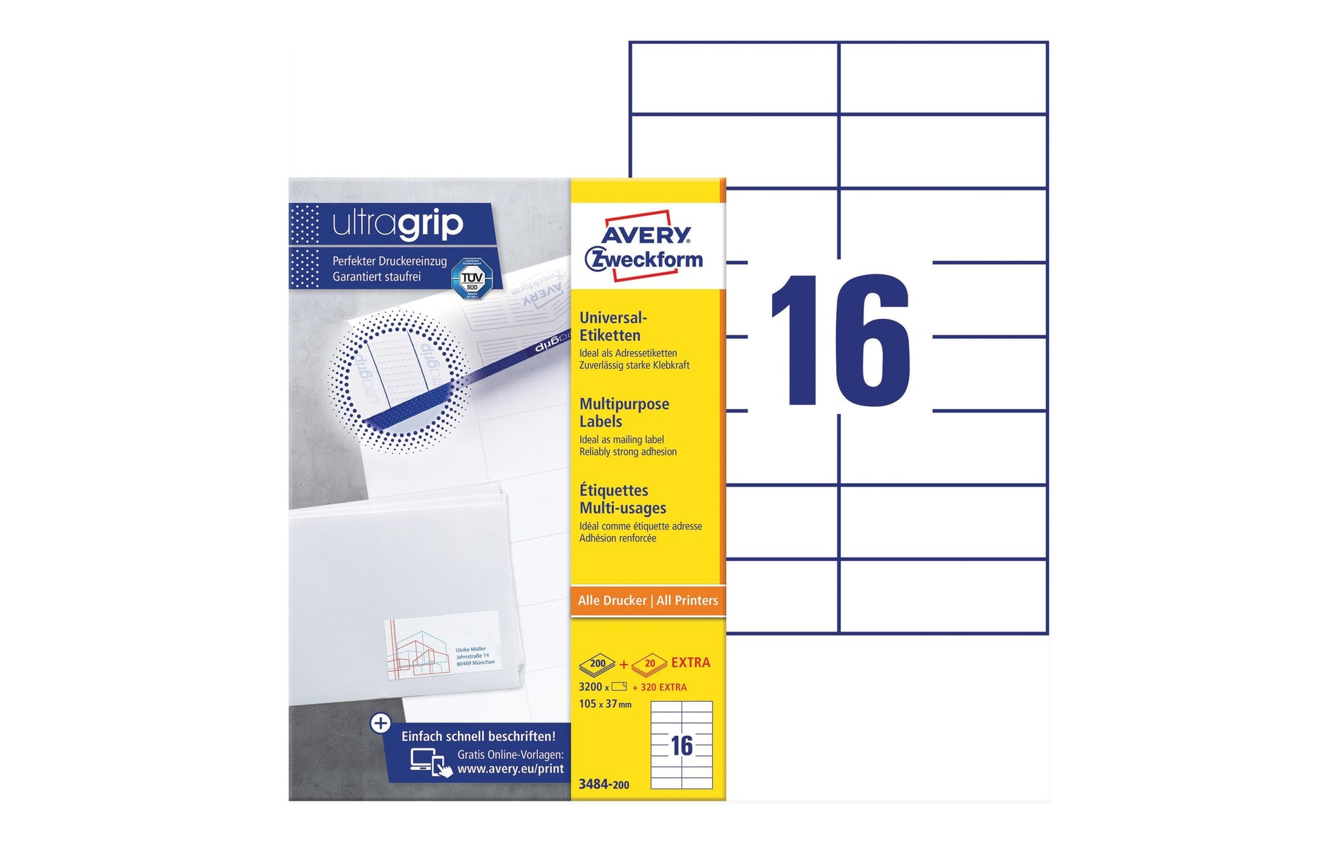 Avery Druckeretiketten, 105 mm × 37 mm, weiss, Papier, permanent