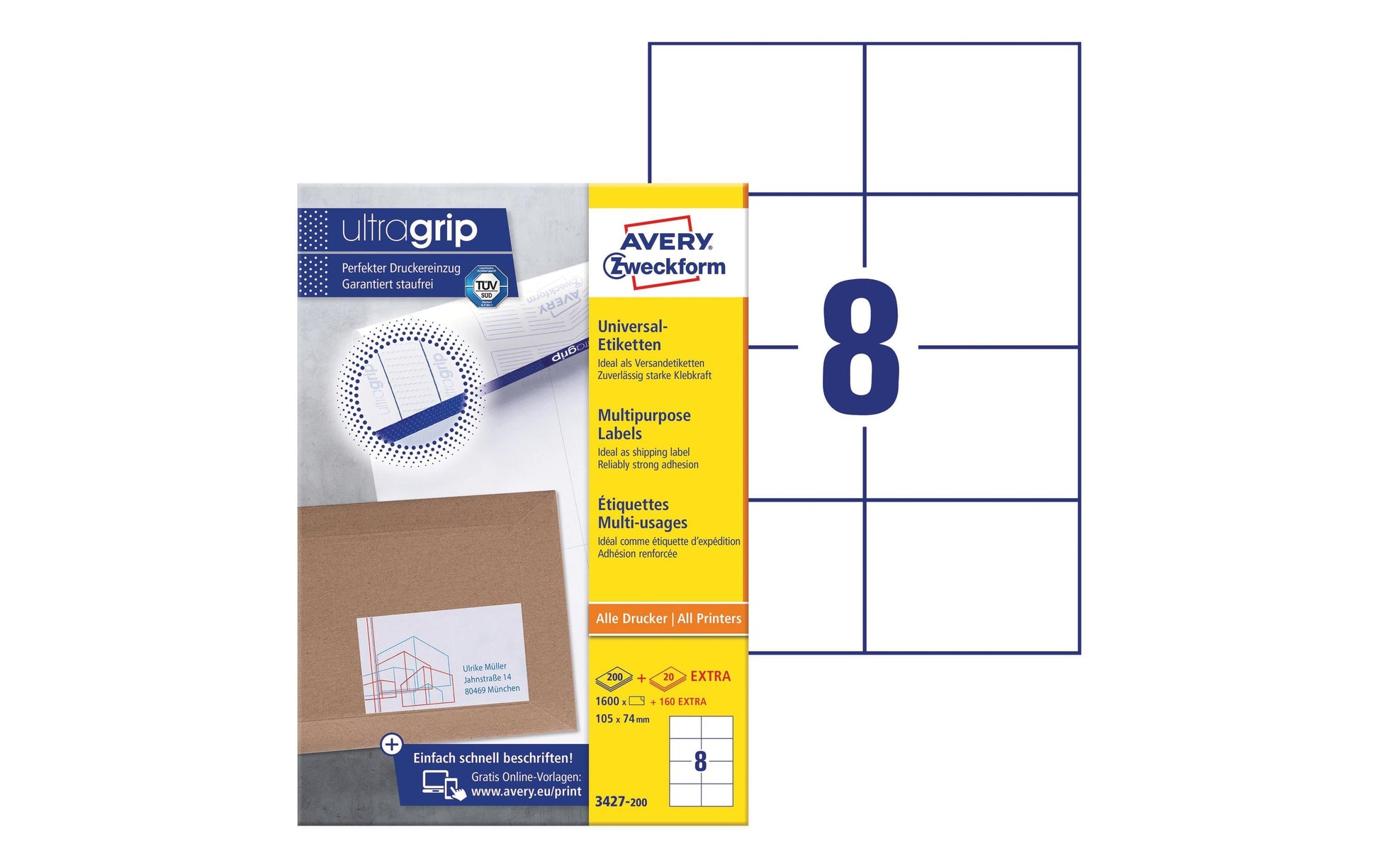 Avery UltraGrip Etiketten, 105 mm × 74 mm, weiss, Papier, permanent, 1760 Etiketten (220 Blätter)