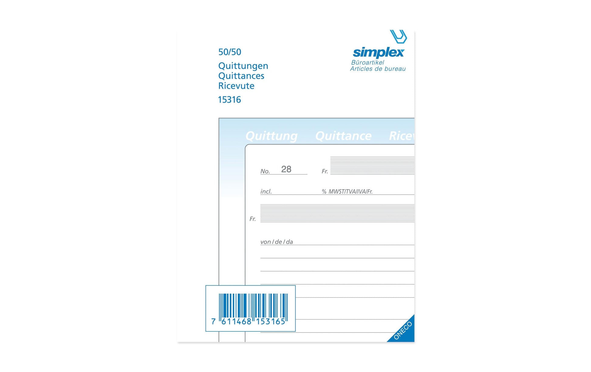 Simplex Formularblock – Quittungen, mehrsprachig, 50 Blatt, A6