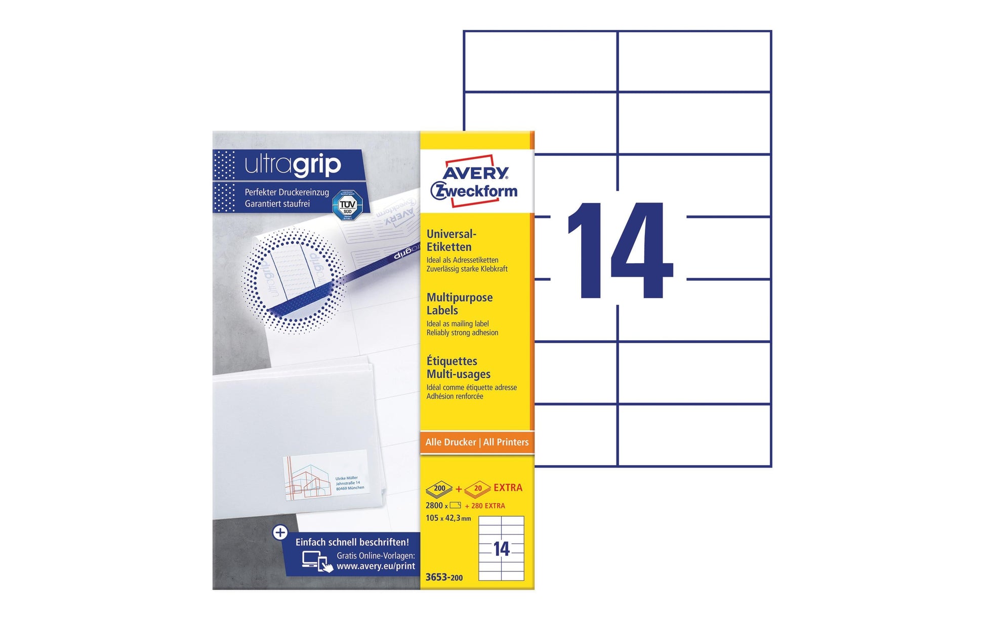 Avery Schuletiketten – 105 × 42,3 mm, 3080 Stk, 220 Bogen, Papier, permanent haftend