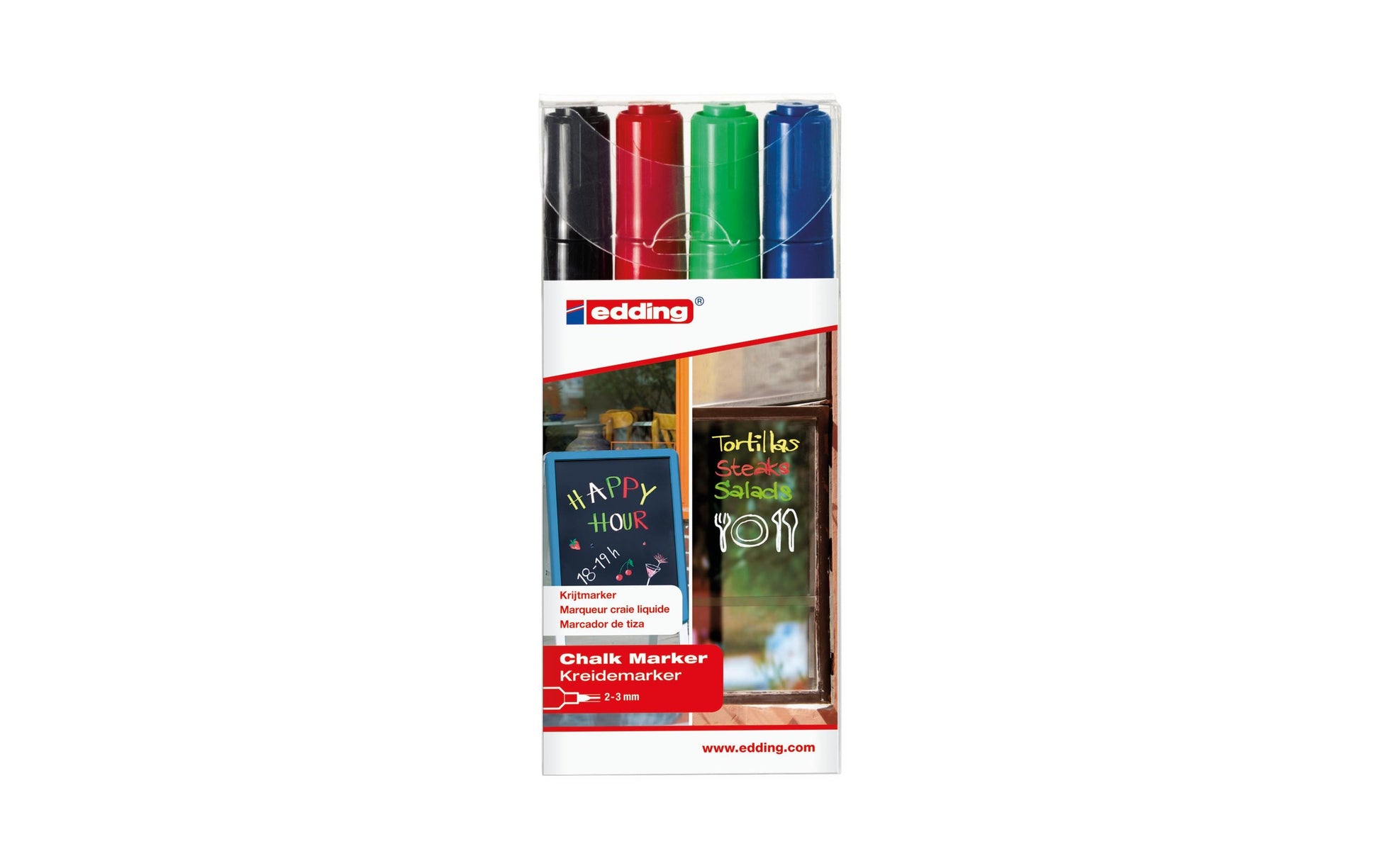 Edding 4095 Kreidemarker – Rund 2–3 mm – 4er-Set, Schwarz/Blau/Grün/Rot, für Glas