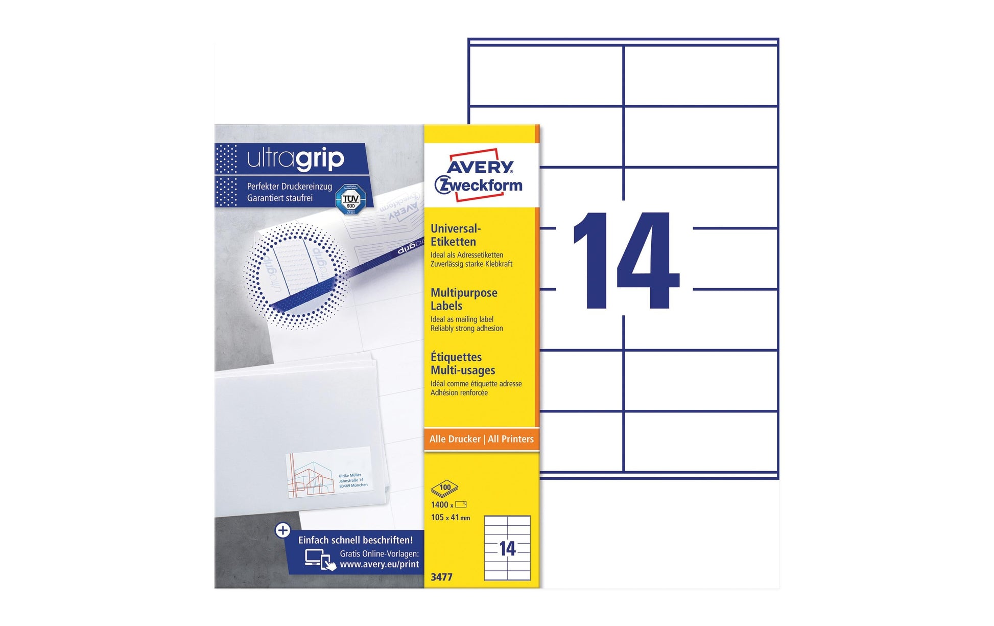 AVERY Zweckform Haftetiketten – rechteckig 105 × 41 mm, permanent, weiss, A4, 100 Blatt (1'400 Stk.)
