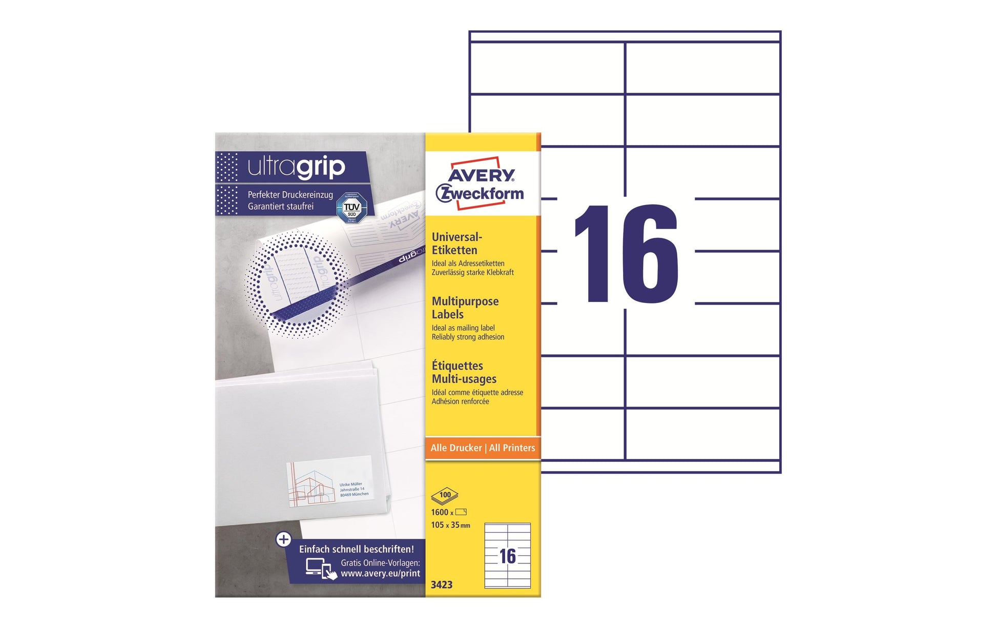 AVERY Zweckform – Etiketten A4 105 × 35 mm – weiss – Laser/Inkjet – 16 pro Blatt, 100 Blätter (1'600 Stk.)
