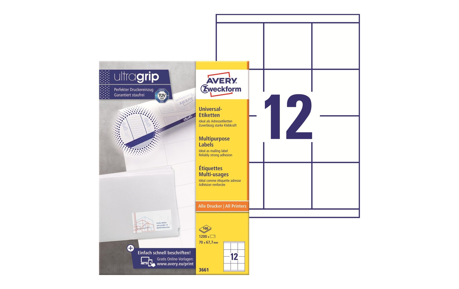 Avery Zweckform – Druckeretiketten, 70 mm × 68 mm, weiss, Papier, permanent, 1200 Stk. (100 Blatt)