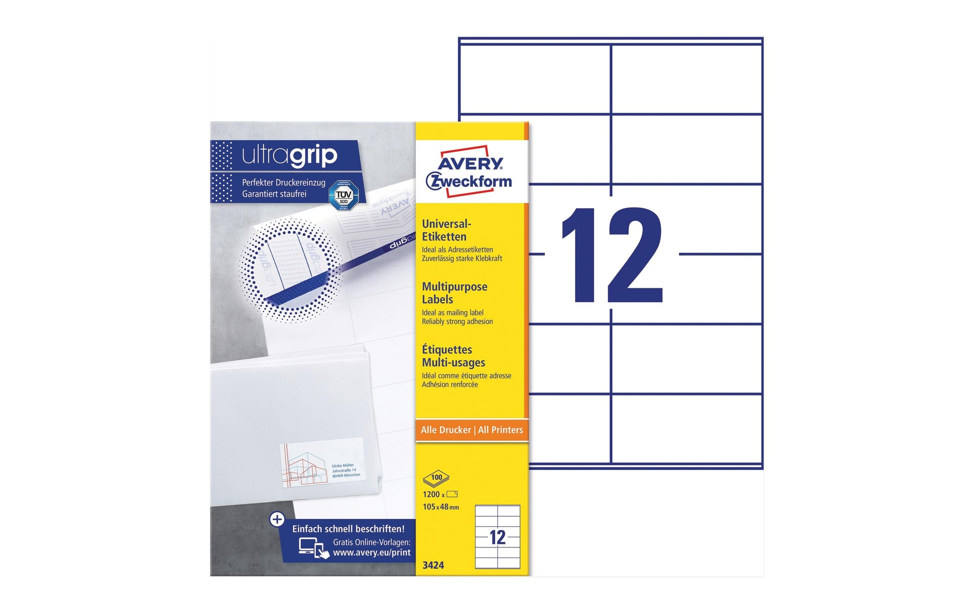 Avery Zweckform – Universal-Etiketten, 105 mm × 48 mm, weiss, Papier, permanent, 1200 Stk.