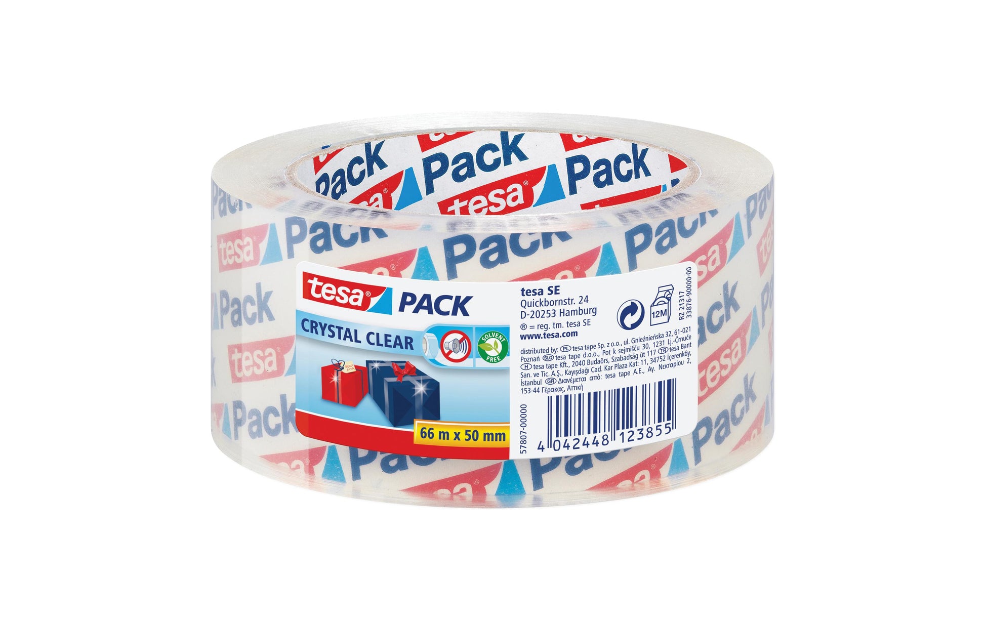 TESA Verpackungsband Crystal Clear – permanent, glatt, Kunststoff, 50 mm × 66 m, Kern Ø 76 mm