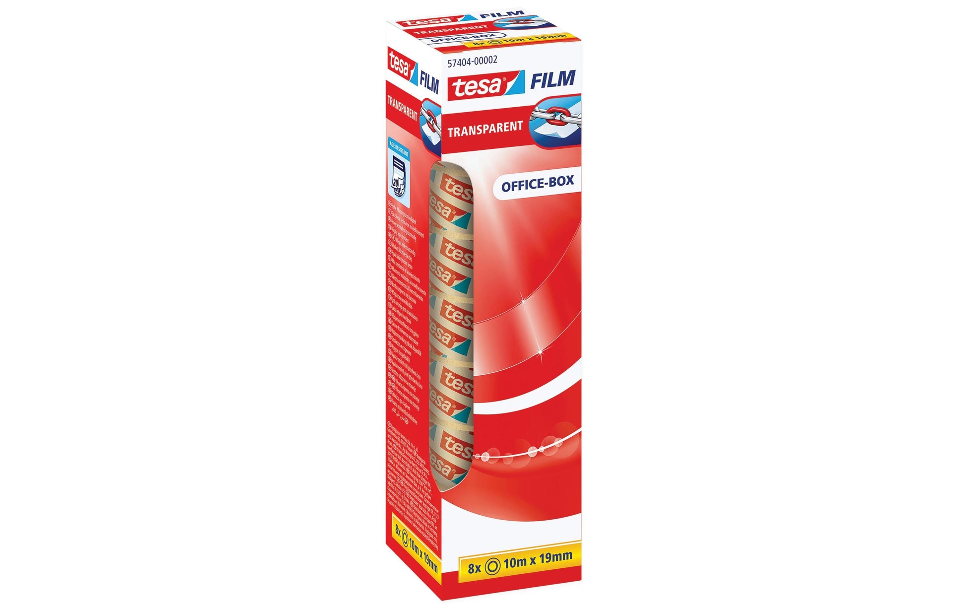 TESA Büro-Klebeband – permanent, klar, Kunststoff, 19 mm × 10 m, Kern Ø 26 mm, 8 Rollen