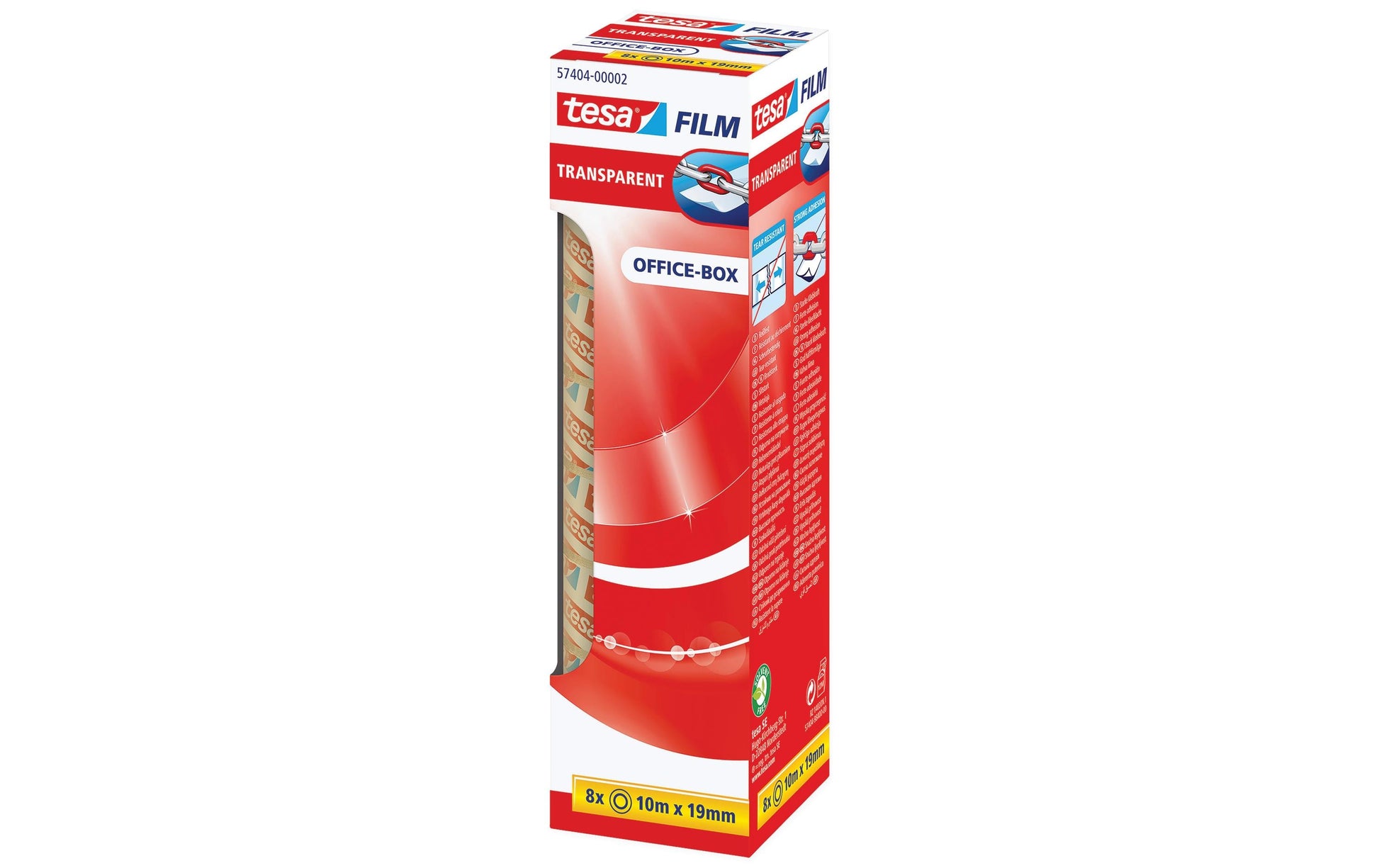 TESA Büro-Klebeband – permanent, klar, Kunststoff, 19 mm × 10 m, Kern Ø 26 mm, 8 Rollen