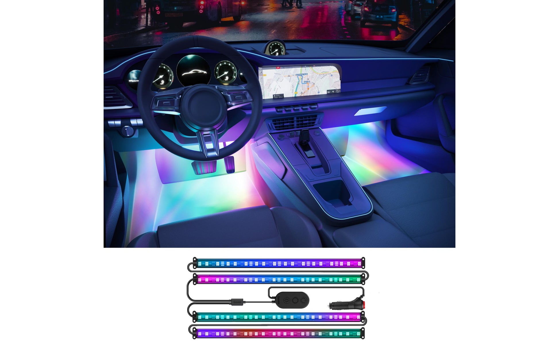 Govee Fahrzeug-Leuchtstreifen – 4er Pack, 0,3 m, 18 W, RGBIC, BT, Govee App, 12 V Zigarettenanzünder-Stecker