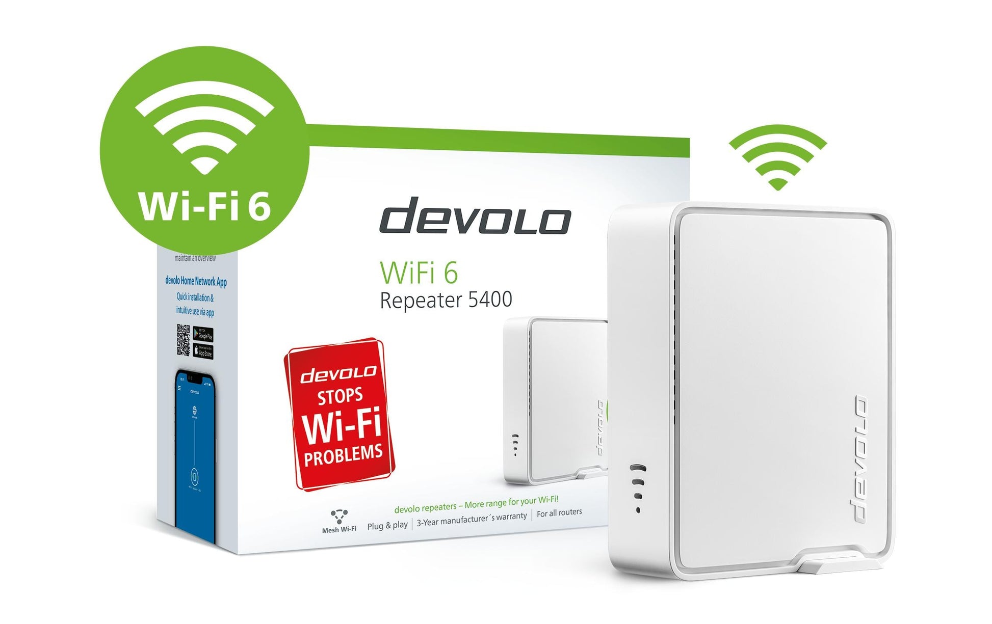 Devolo WiFi 6 Repeater 5400 – Access Point – Wi‑Fi 6 (2,4/5 GHz), 3,0 Gbit/s, 2×GbE