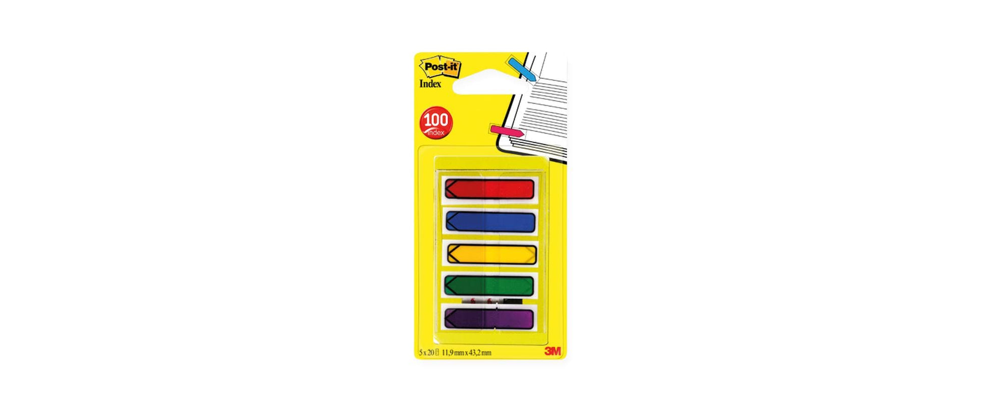 3M Post-it Indexstreifen – 11,9×43,2 mm – sortiert – 5×20 Stück, mit Dispenser, Kunststoff, Pfeil