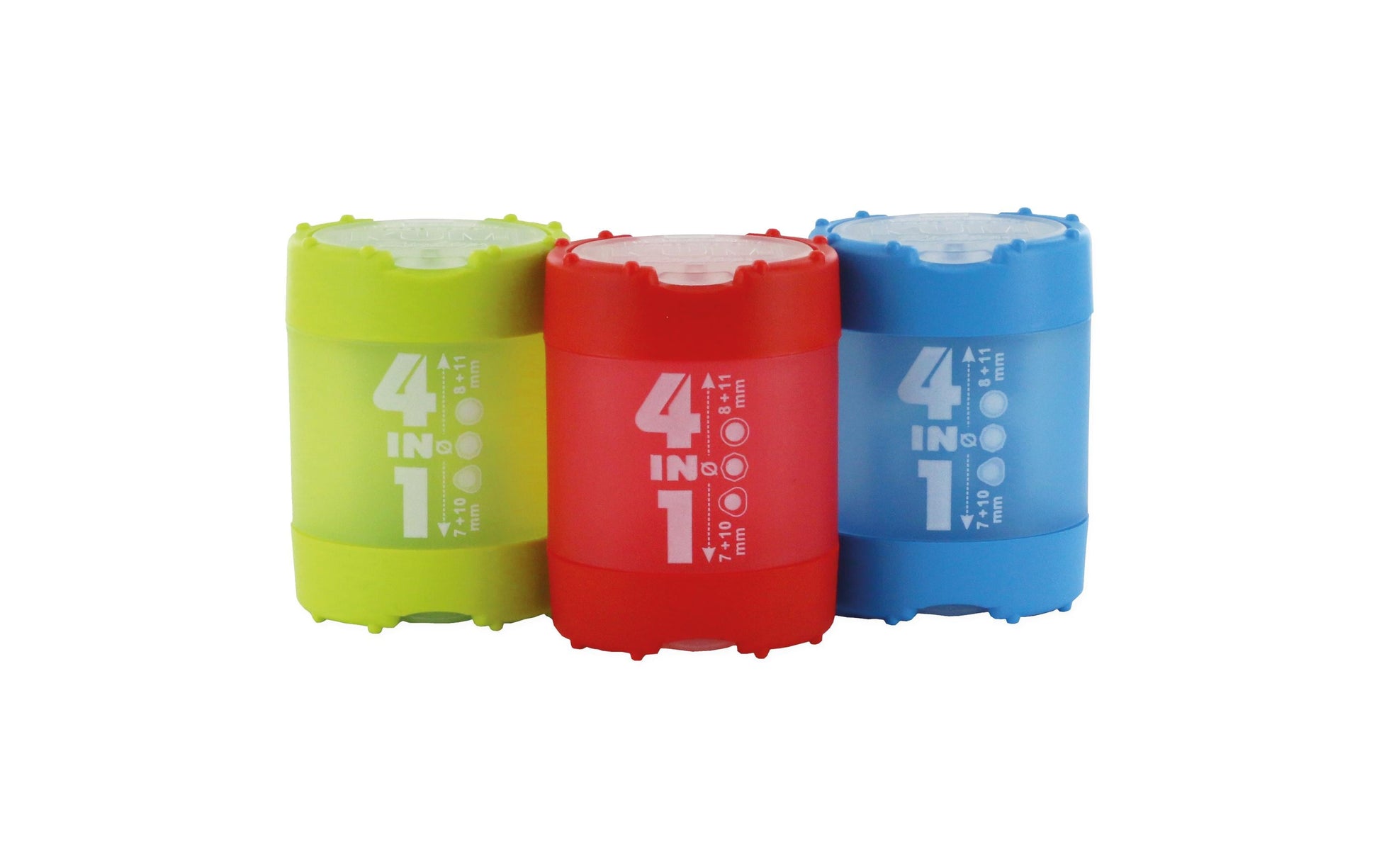 KUM Spitzer – manuell, 2-Loch, mit Behälter, für Blei- & Buntstifte 7–11 mm, Kunststoff, assortiert, 4 in 1