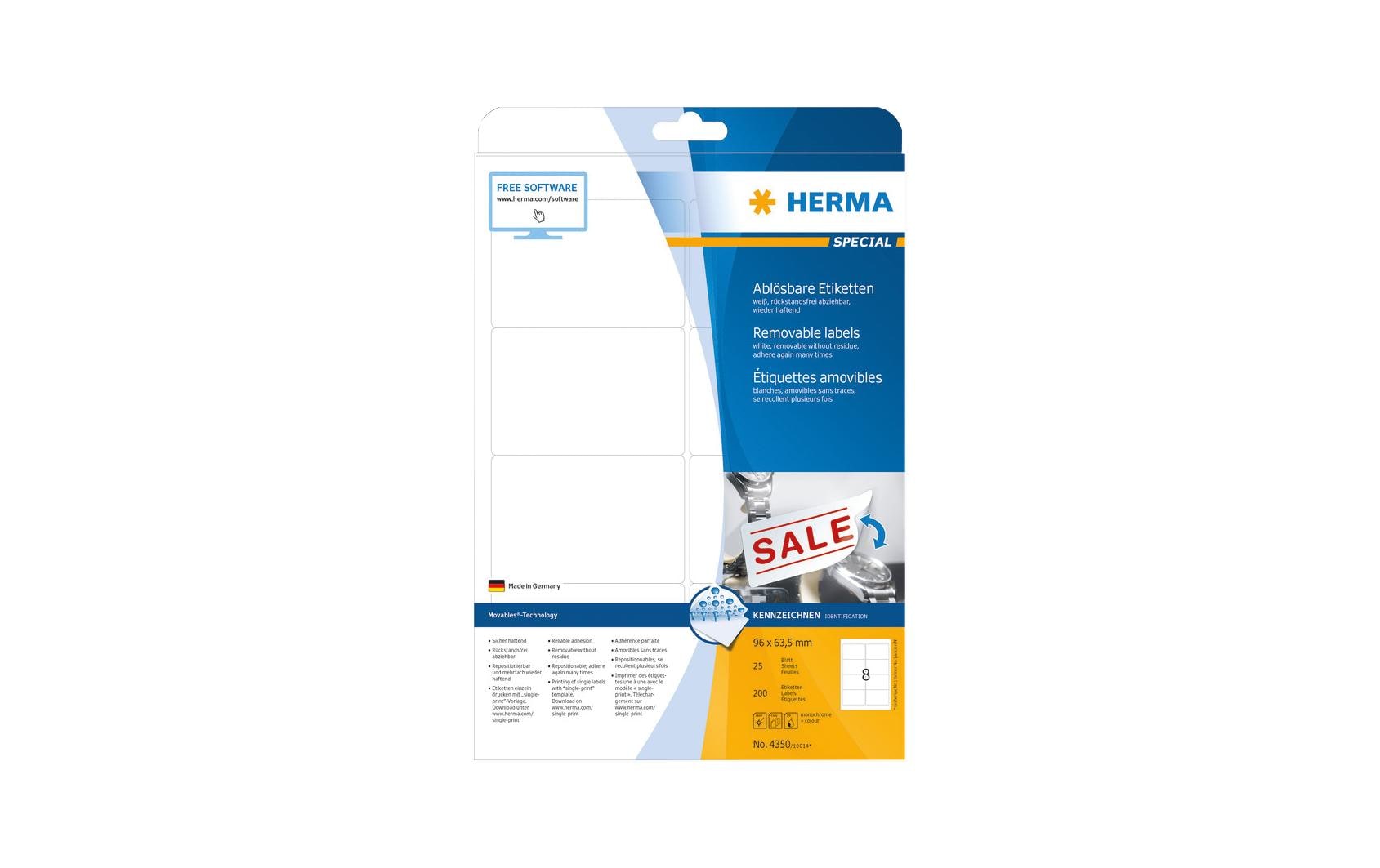 HERMA Druckeretiketten, 96 mm × 63,5 mm, weiss, Papier, ablösbar, 200 Etiketten (25 Blatt)