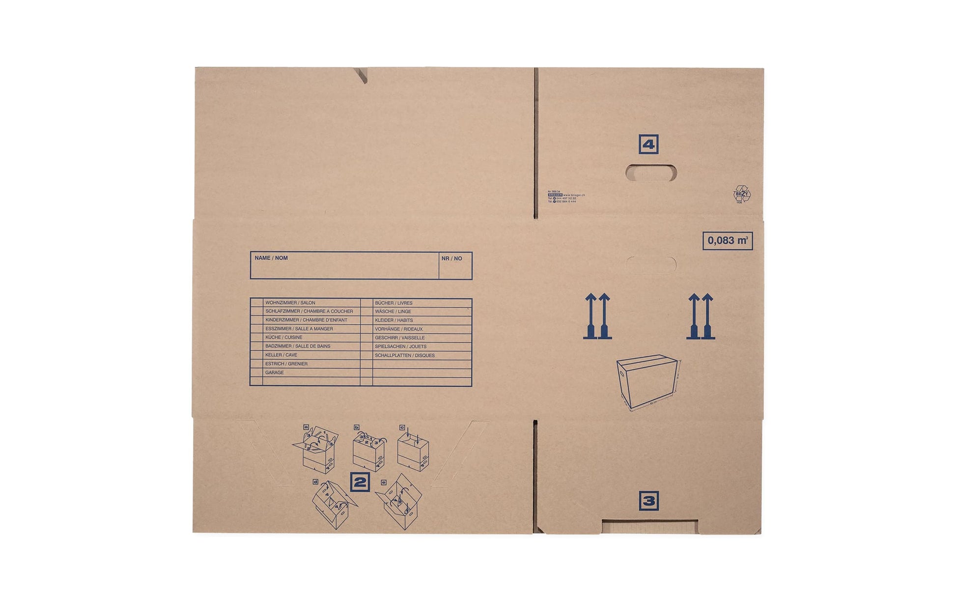Brieger Versandkarton – 570 × 340 × 390 mm, 77 l, Deckel, Braun, mit Tragegriffen – 1 Stk.