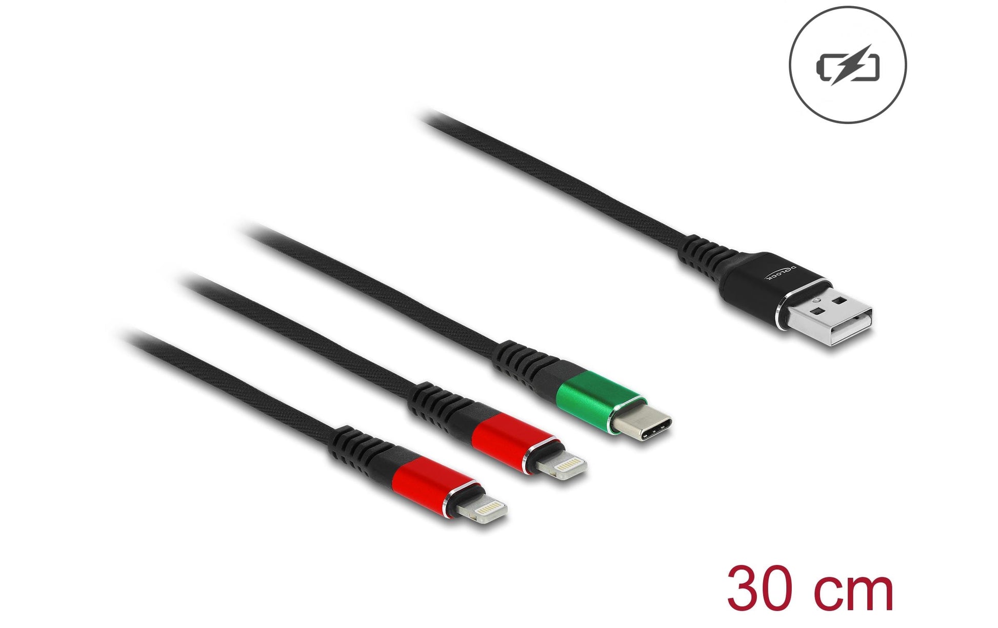 DeLOCK Multi-Kabel – 3-in-1 USB-A auf USB-C/Lightning 0,3 m – für iPhone/Android