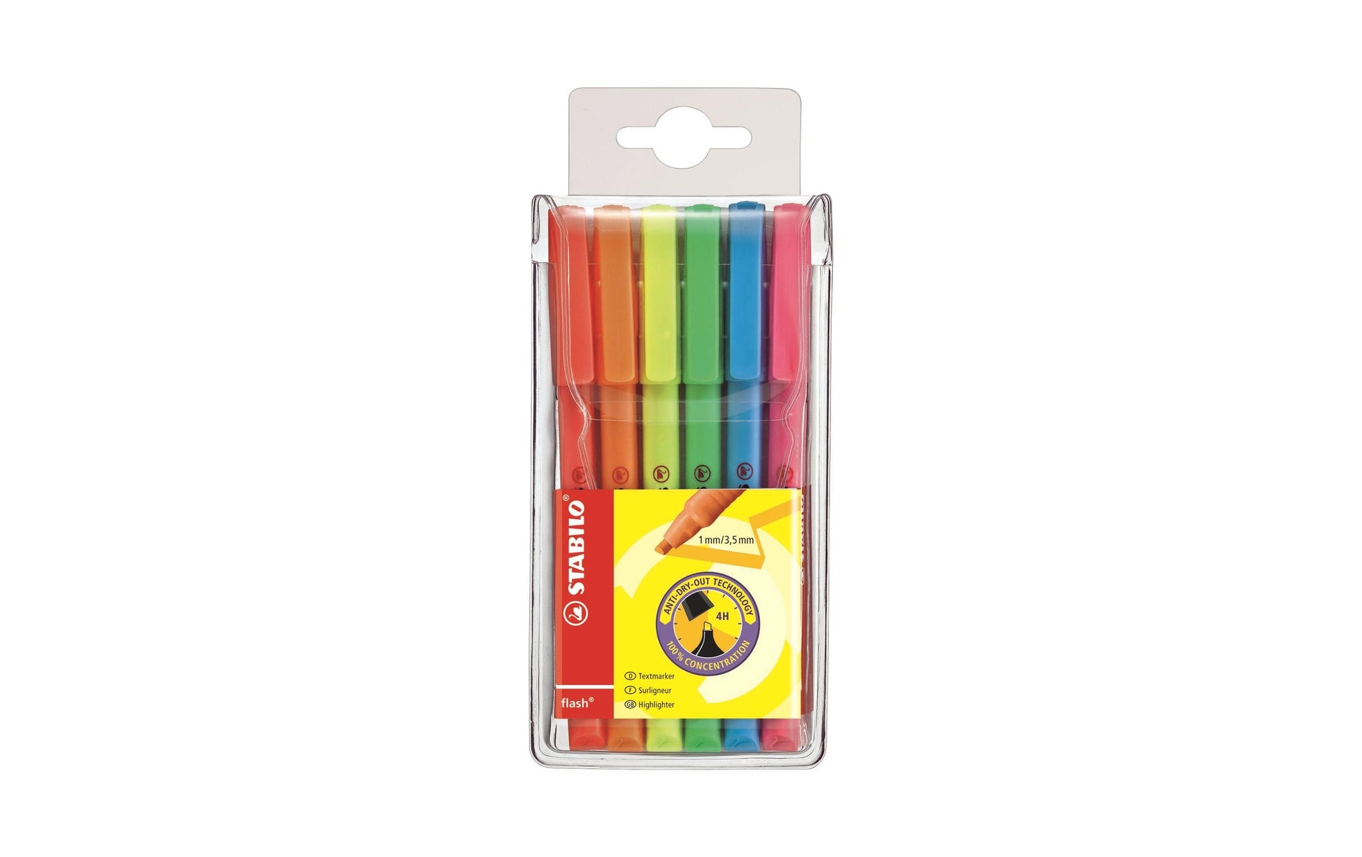 STABILO Flash Textmarker – 6er Set, Farben: Blau/Grün/Orange …, Keilspitze 1–3,5 mm