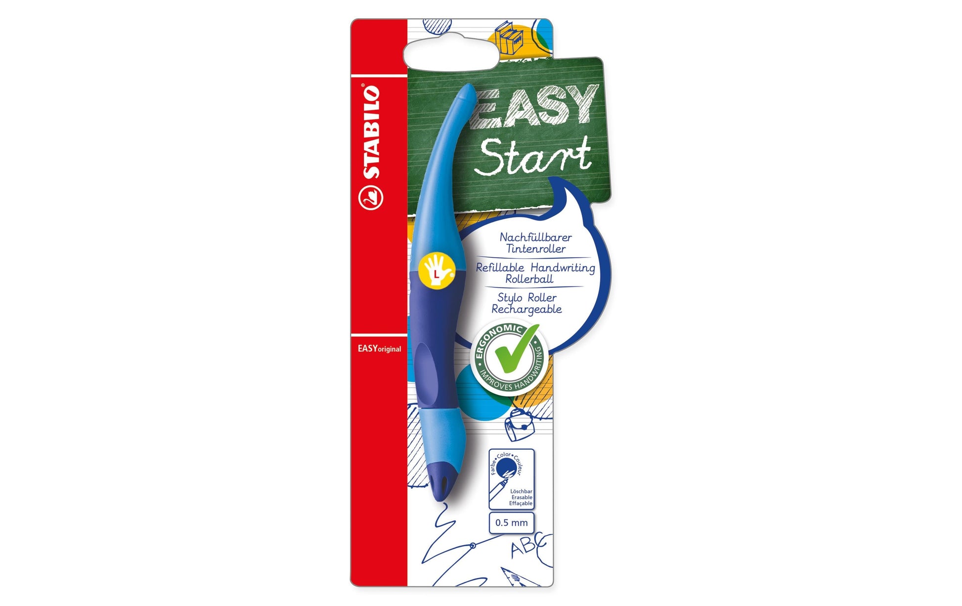 STABILO EASYoriginal Start – Tintenroller mit Kappe, 0,5 mm, Blau, für Linkshänder, 1er Blister