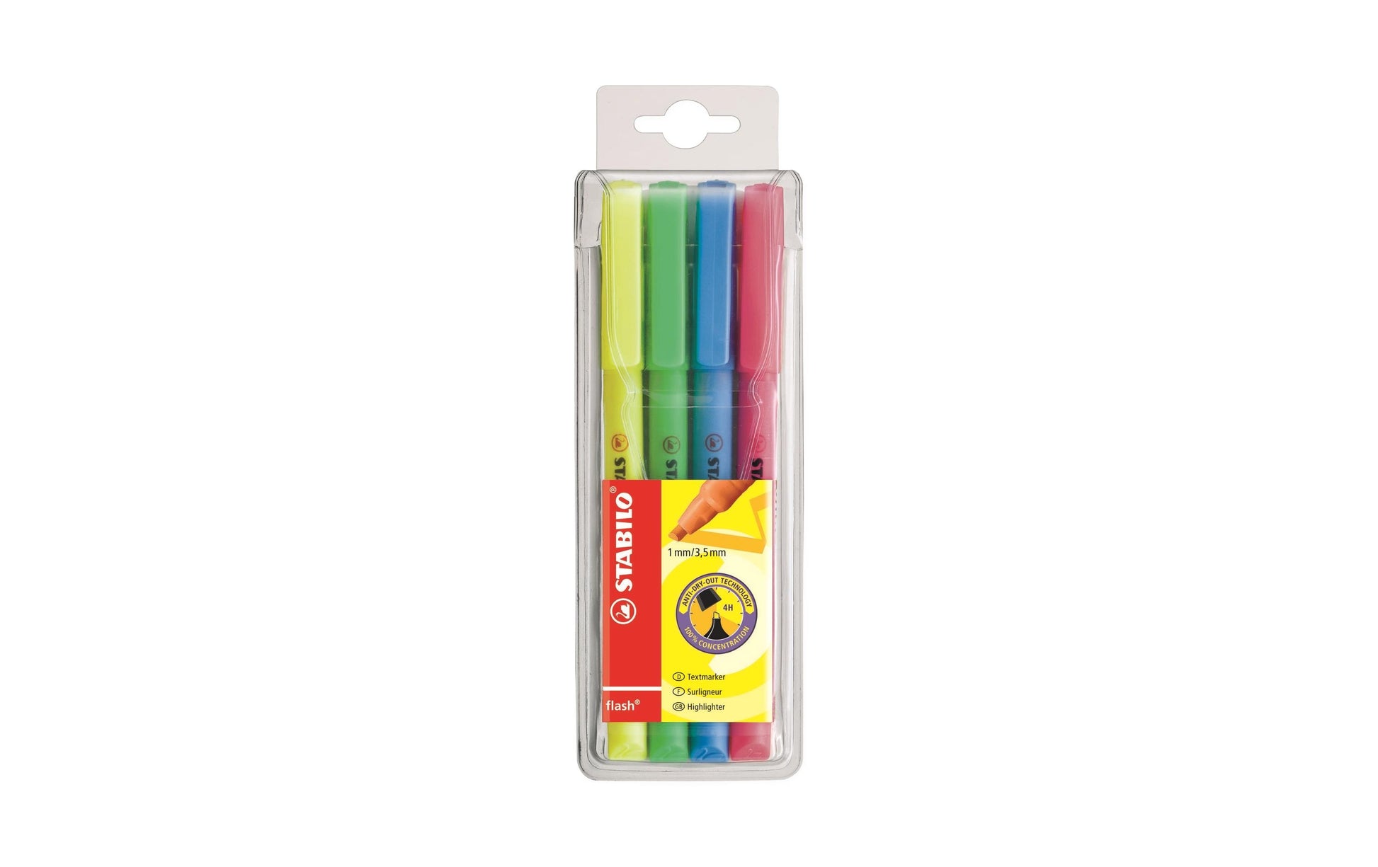 STABILO flash Textmarker Set 4 Farben – Keilspitze, 1–4 mm
