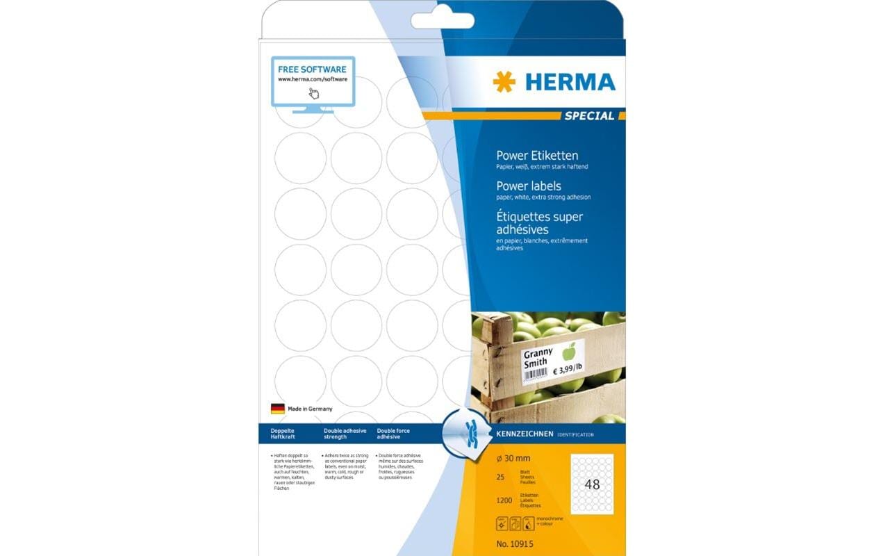 HERMA Druckeretiketten, Ø 30 mm, weiss, Papier, extra stark, Packung 25 Blatt