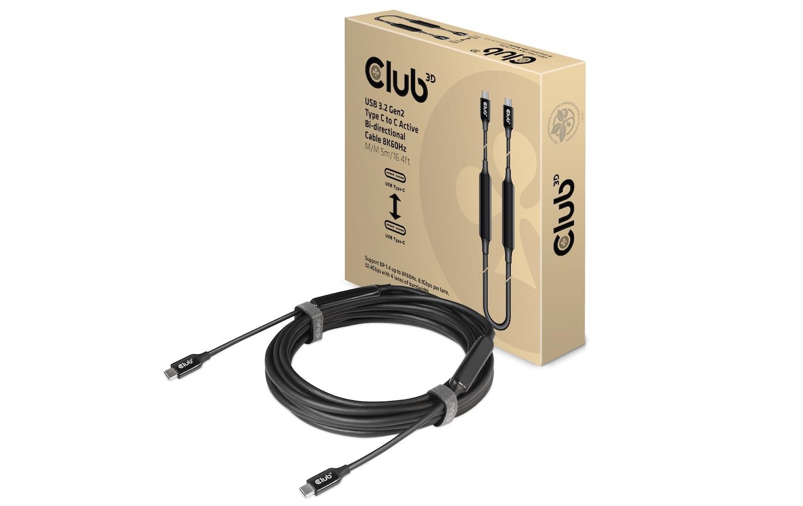 CLUB3D Club 3D – USB-C auf USB-C Kabel – USB 3.2 Gen 2 (10 Gbit/s) – 5 m – PD 60 W – 8K/60 – Aktiv – Schwarz