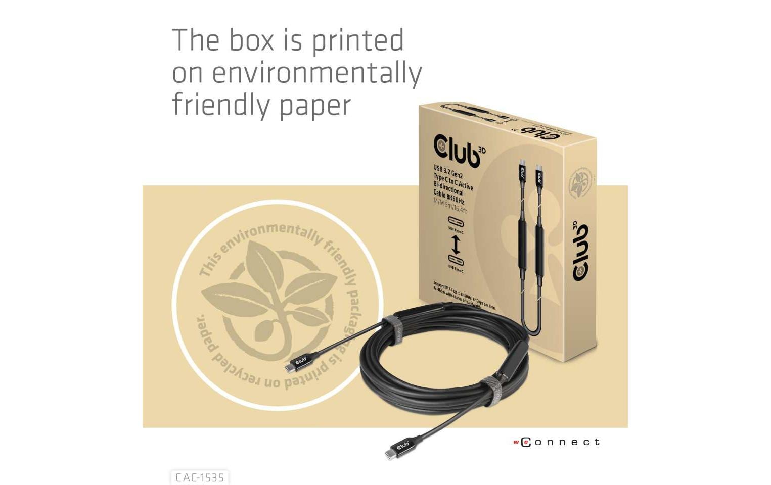 CLUB3D Club 3D – USB-C auf USB-C Kabel – USB 3.2 Gen 2 (10 Gbit/s) – 5 m – PD 60 W – 8K/60 – Aktiv – Schwarz