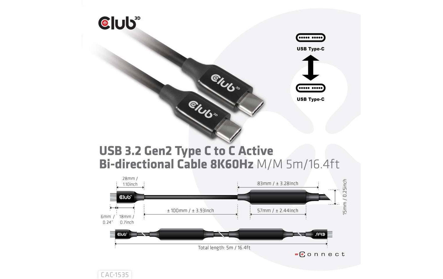 CLUB3D Club 3D – USB-C auf USB-C Kabel – USB 3.2 Gen 2 (10 Gbit/s) – 5 m – PD 60 W – 8K/60 – Aktiv – Schwarz