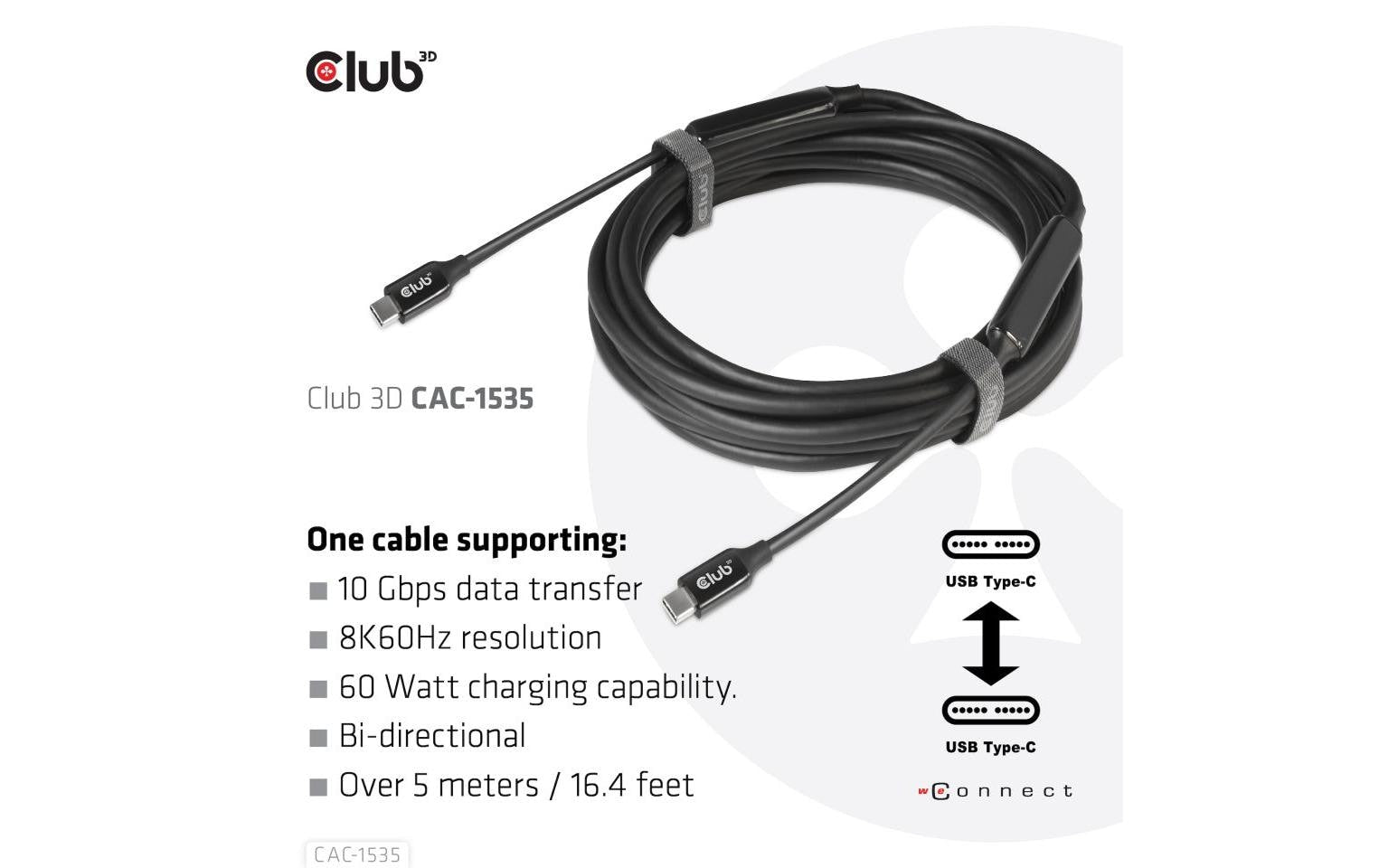 CLUB3D Club 3D – USB-C auf USB-C Kabel – USB 3.2 Gen 2 (10 Gbit/s) – 5 m – PD 60 W – 8K/60 – Aktiv – Schwarz