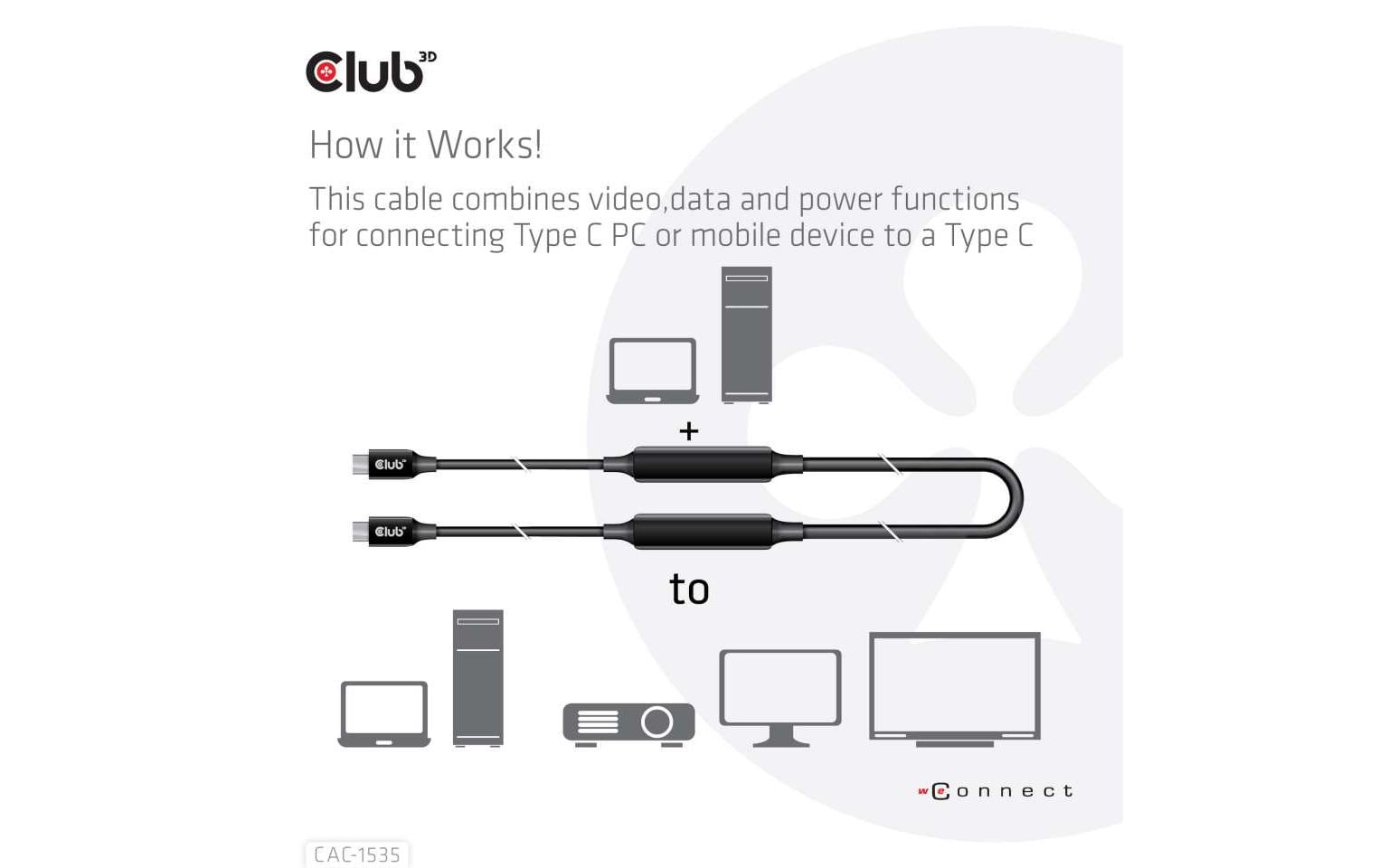 CLUB3D Club 3D – USB-C auf USB-C Kabel – USB 3.2 Gen 2 (10 Gbit/s) – 5 m – PD 60 W – 8K/60 – Aktiv – Schwarz