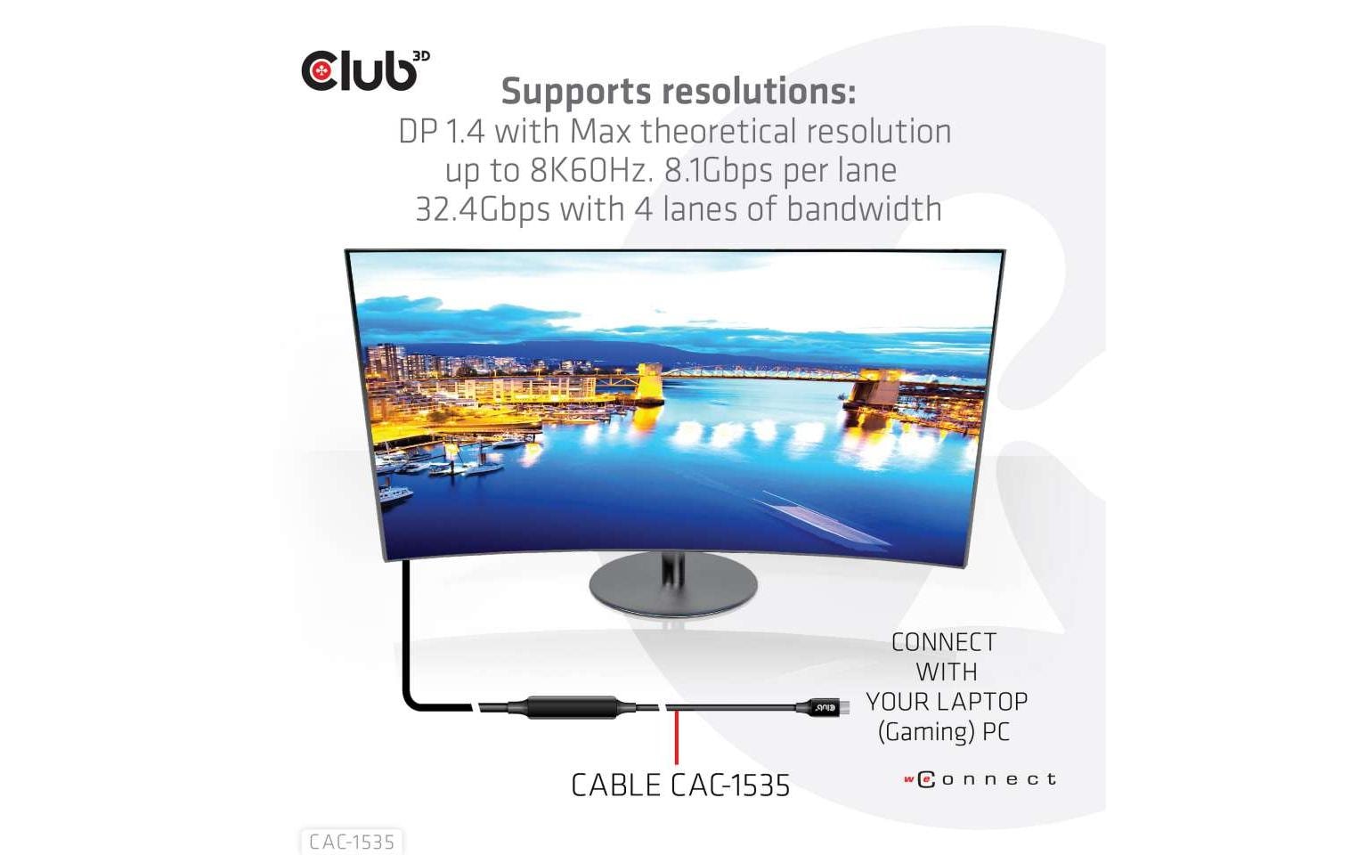 CLUB3D Club 3D – USB-C auf USB-C Kabel – USB 3.2 Gen 2 (10 Gbit/s) – 5 m – PD 60 W – 8K/60 – Aktiv – Schwarz