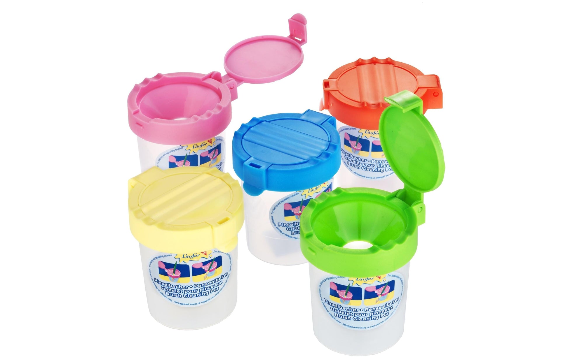 Laufer Pinselbecher – Kunststoff, 5 Farben (sortiert), 10er-Set, mit Deckel