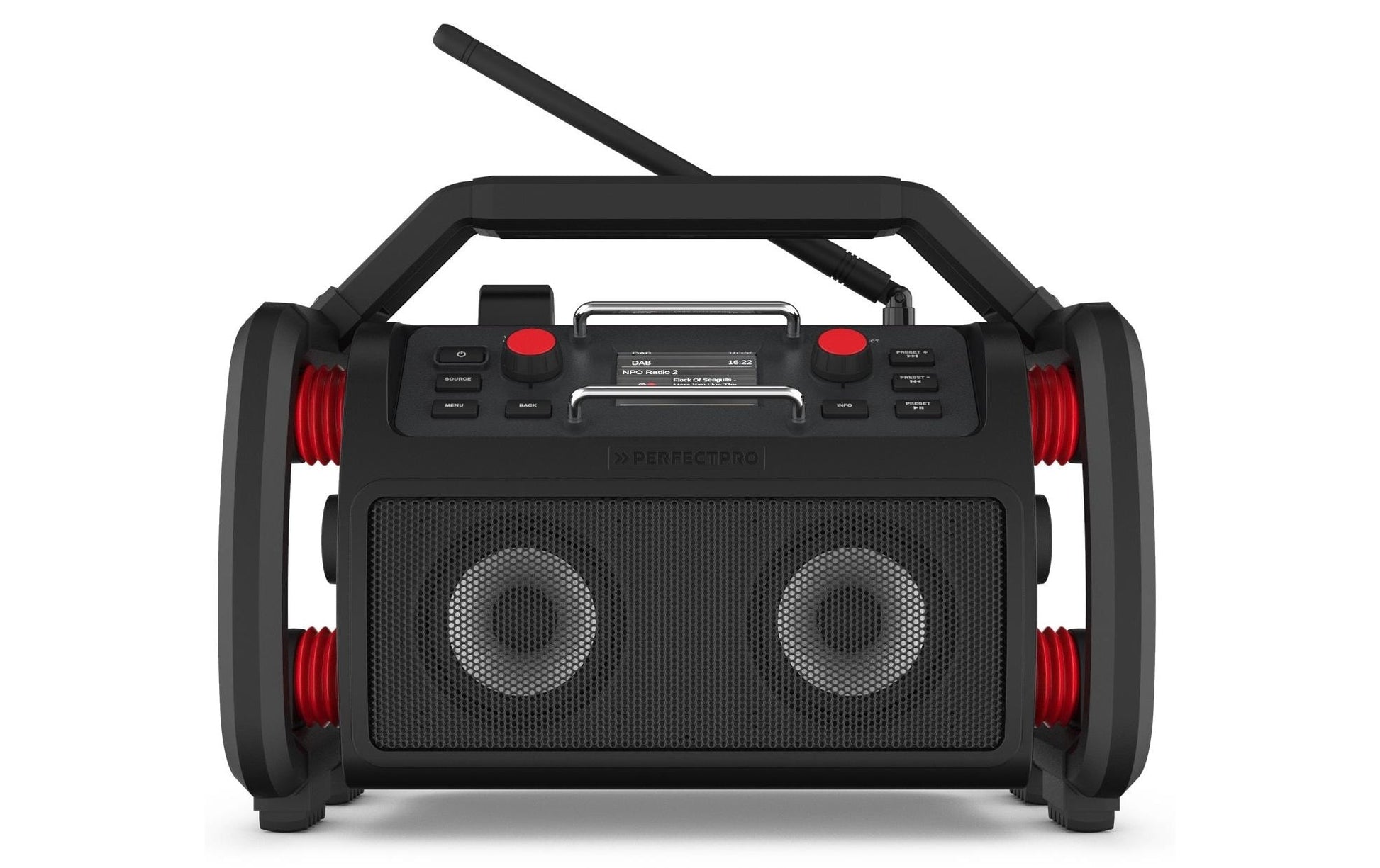 Perfectpro Rockpro – Baustellenradio – DAB+, UKW, Bluetooth, IP65, Akkubetrieb – Schwarz, Rot