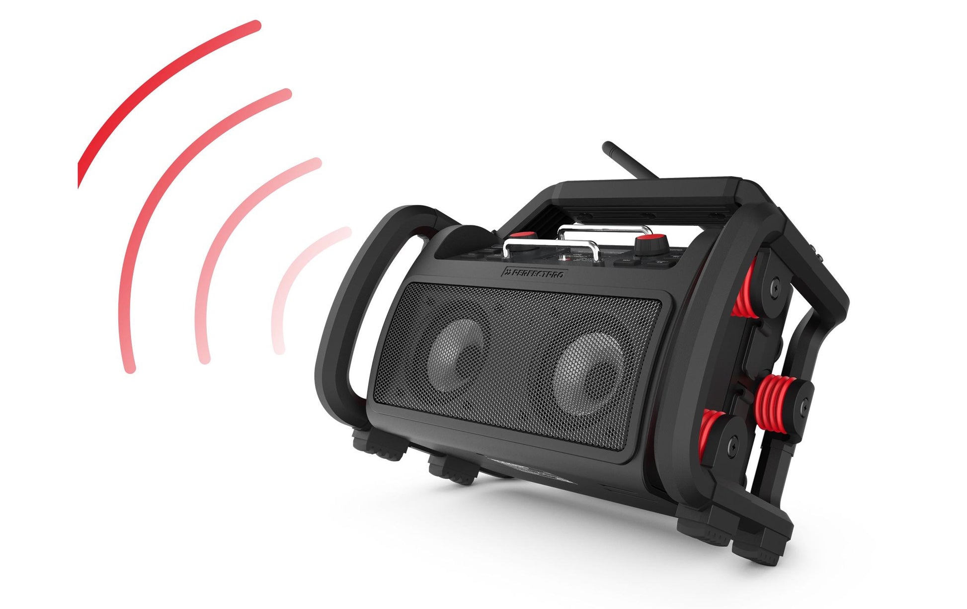 Perfectpro Rockpro – Baustellenradio – DAB+, UKW, Bluetooth, IP65, Akkubetrieb – Schwarz, Rot