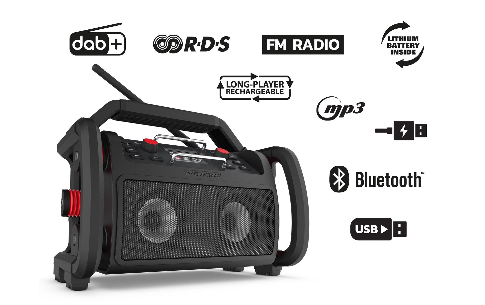 Perfectpro Rockpro – Baustellenradio – DAB+, UKW, Bluetooth, IP65, Akkubetrieb – Schwarz, Rot