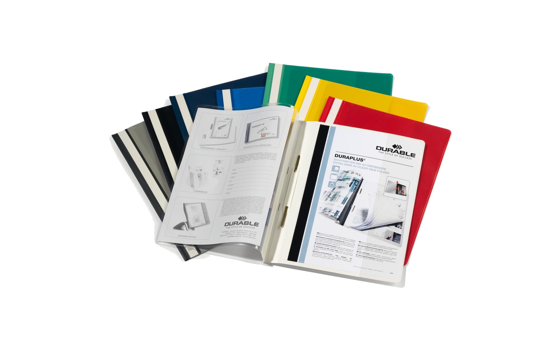 Durable Duraplus Schnellhefter für A4, Kunststoff, mehrfarbig/sortiert – transparenter Vorderdeckel – 25 Stk
