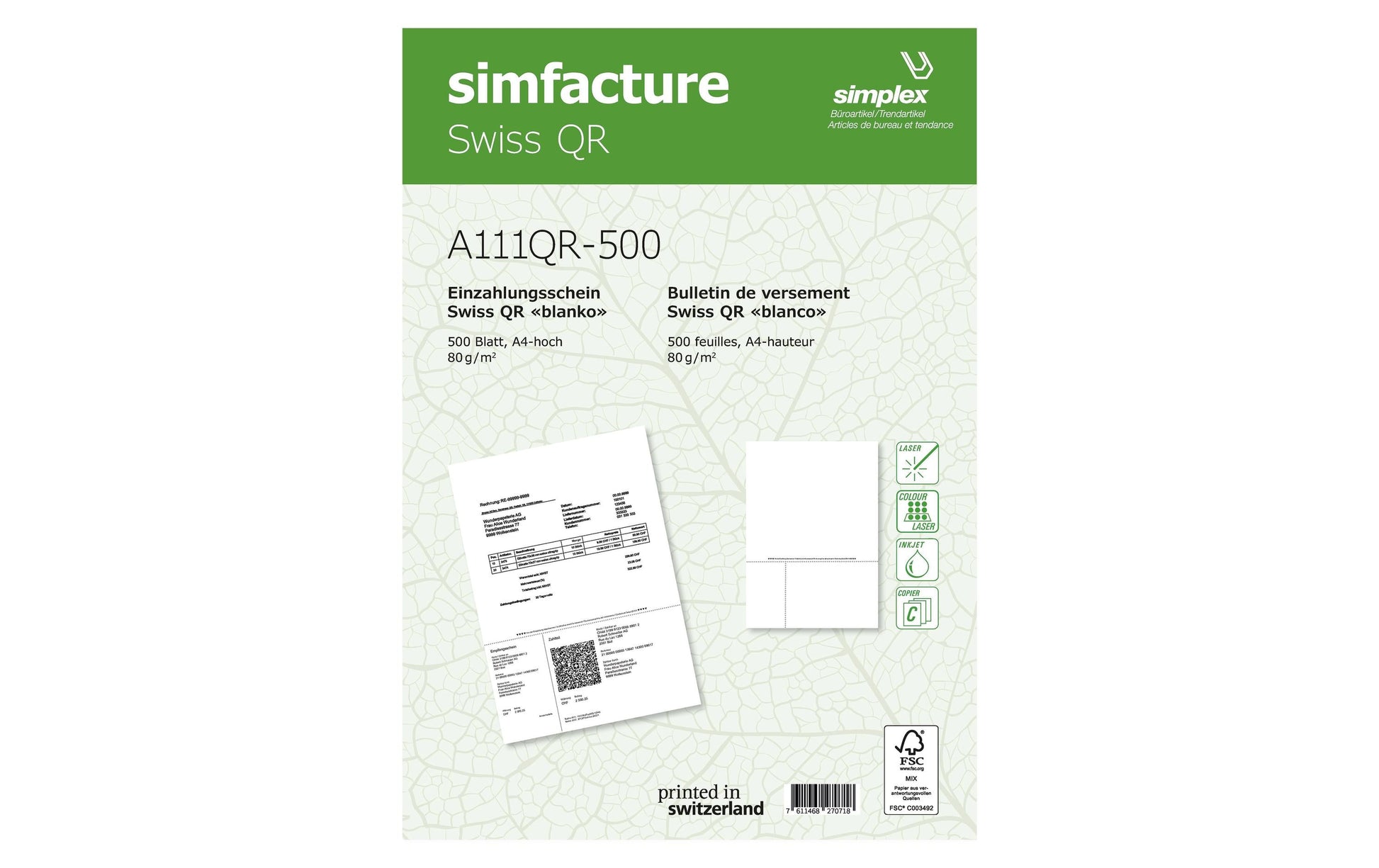 Simplex Rechnungsformular für QR-Rechnung – A4 – 90 g/m² – 1 Zahlteil – 1'000 Blatt – perforiert – FSC