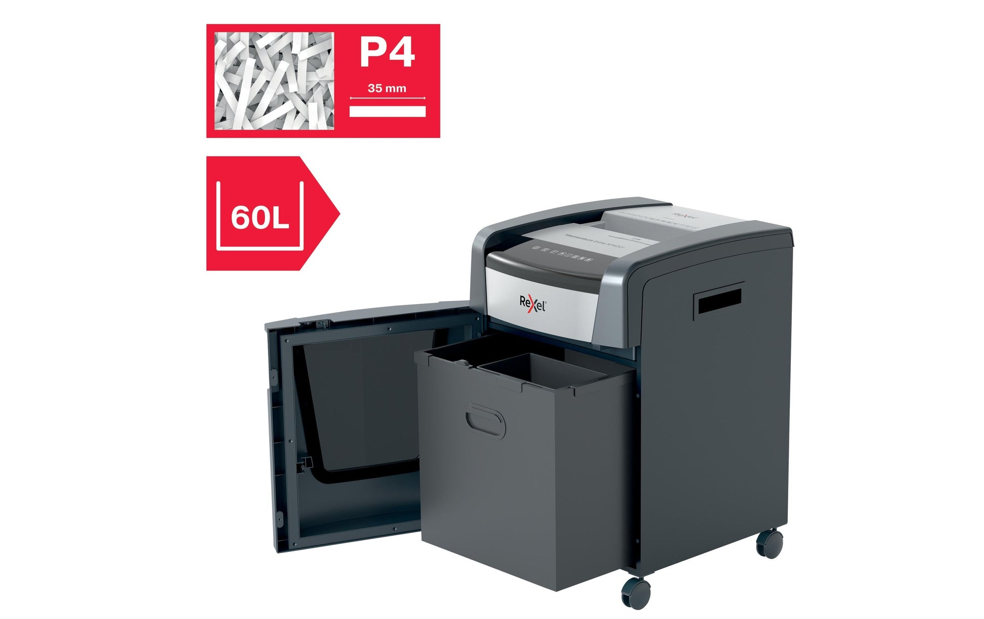 Rexel Momentum Extra XP420+ – Aktenvernichter, DIN P-4, Partikelschnitt 4 × 35 mm, 20 Blatt, 60 l, A4
