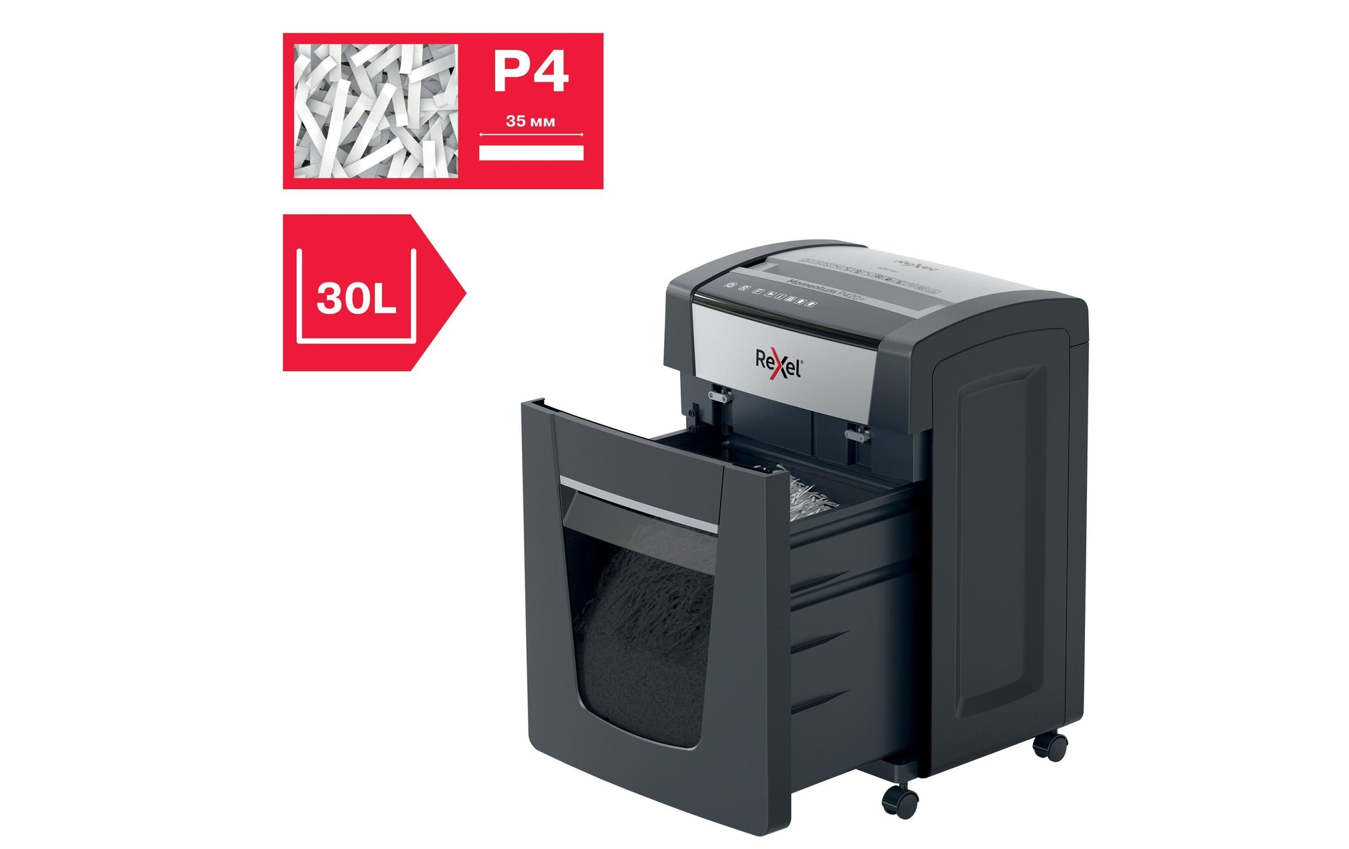 Rexel Momentum P420+ – Aktenvernichter, DIN P-4, Partikelschnitt 4 × 35 mm, 20 Blatt, 30 l, A4