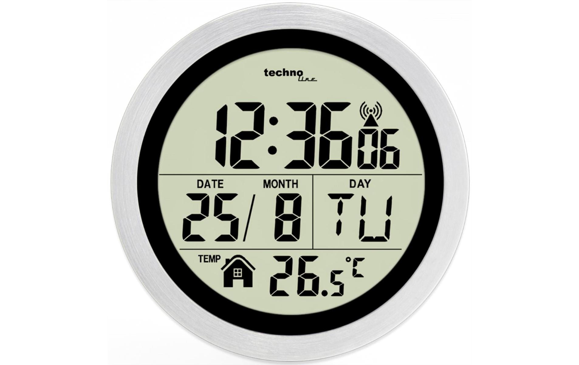 Technoline Digitale Wanduhr WT3005 – Funk – Ø 14,7 cm, Weiss, Kunststoff, Thermometer, Kalender
