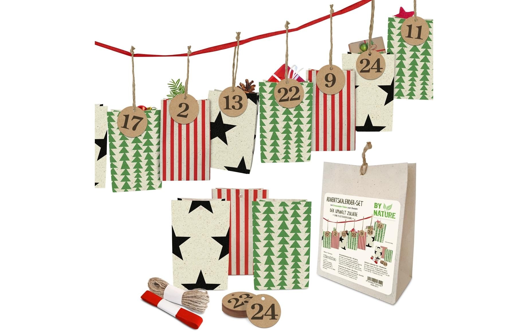 Braun + Company Adventskalender-Set Geschenktaschen, Weihnachten, Graspapier, sortiert, 9 × 14,5 × 6 cm